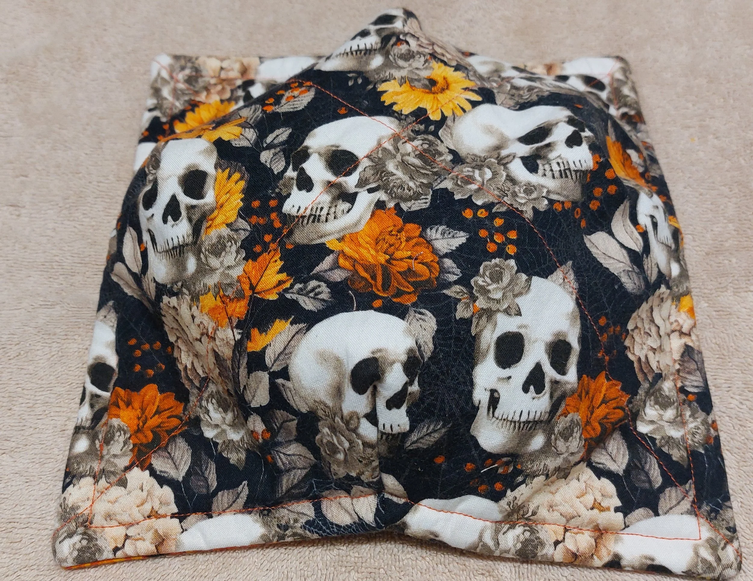 Orange and Black Floral Skulls of Autumn Large Microwaveable Bowl Cozy