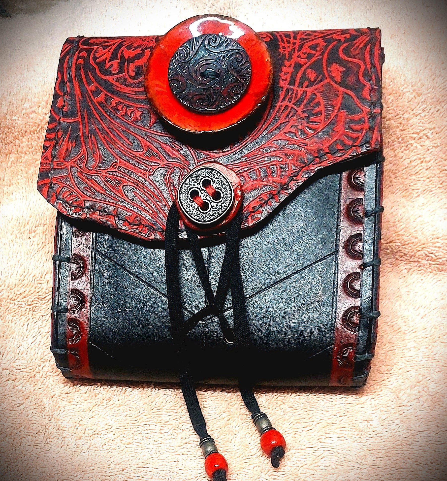 Red and Black Embossed Paisley Leather Accents with Special Button Accents Purse/Pouch
