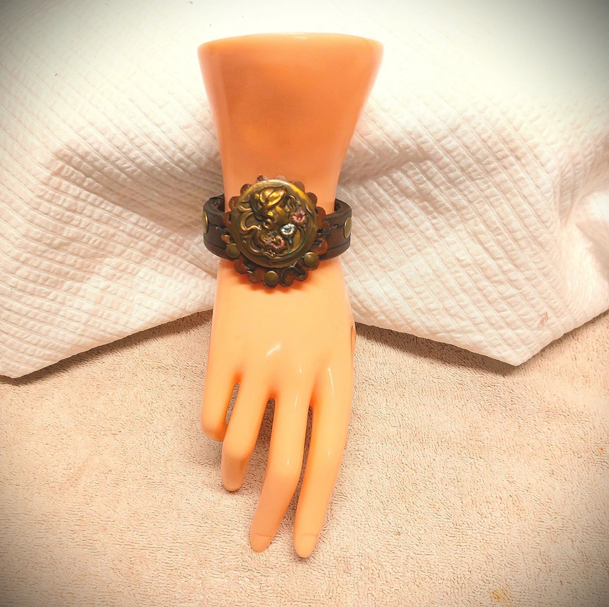 Antique Brass Art Nouveau Lady Medallion on Scalloped Concho Decorates Medium Brown Cuff