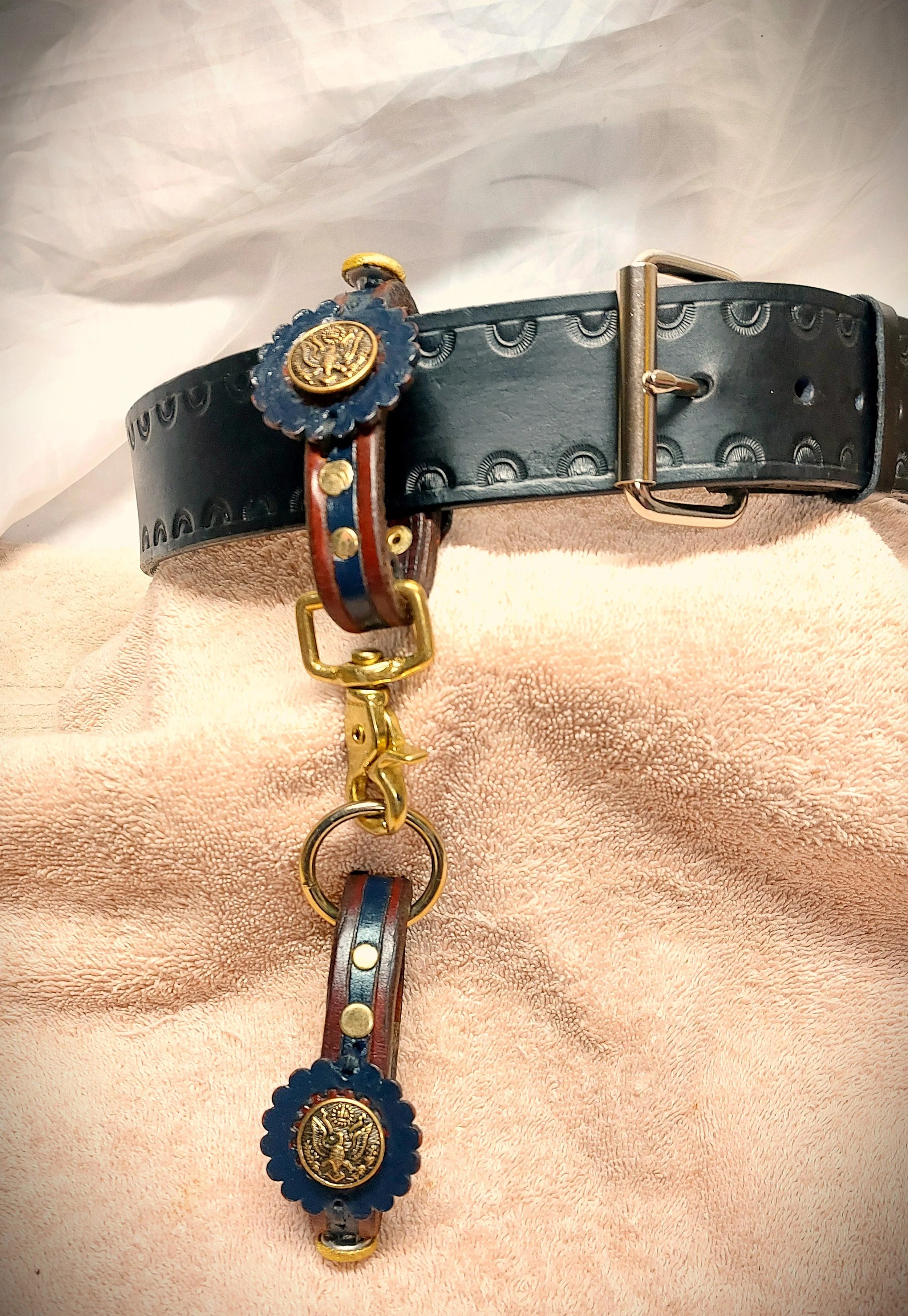 Eagle Crest Brass Buttons on Navy Concho with Oxblood Edges Belt Hangers-- Leather Loop  Handcuff Style
