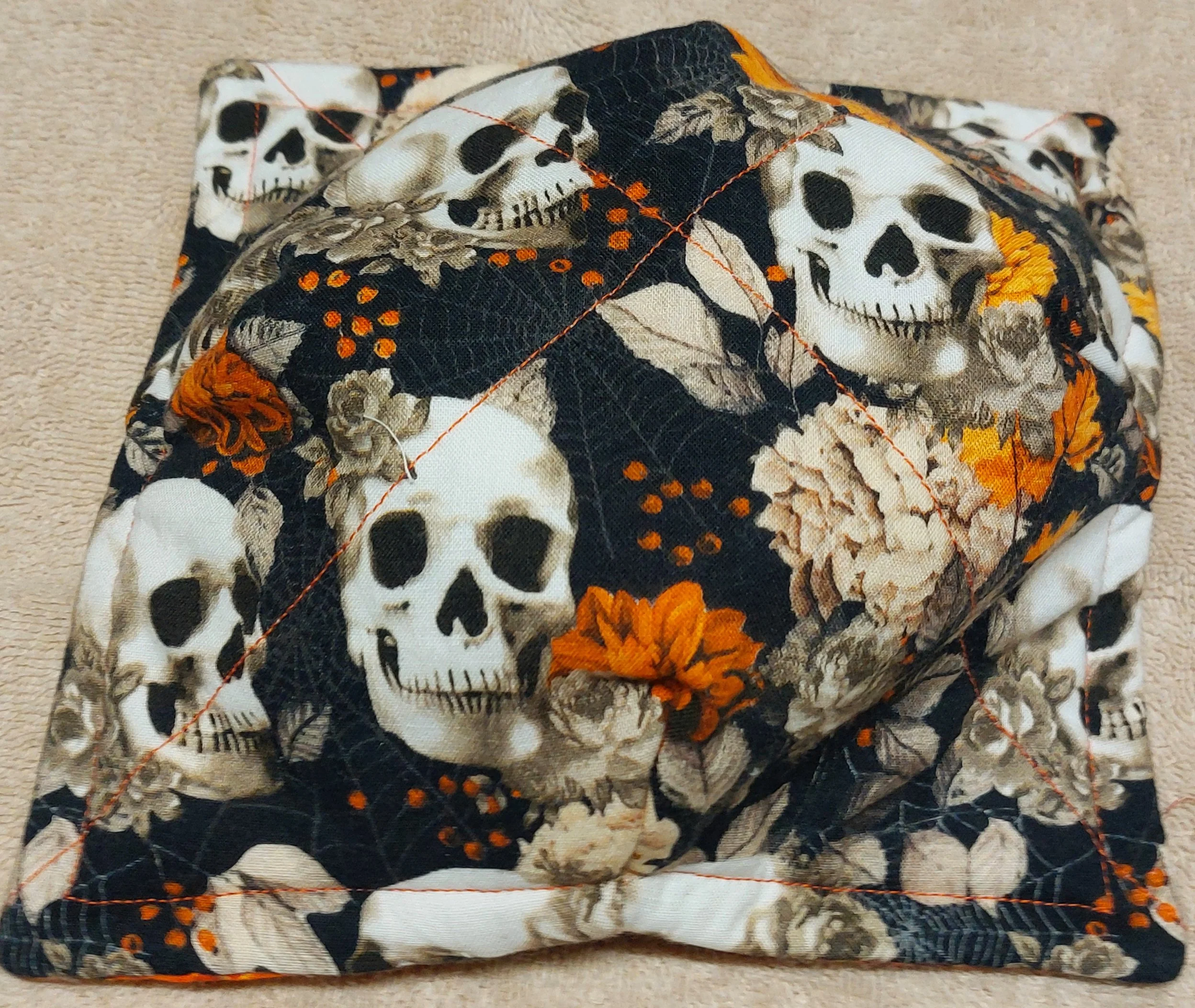 Orange and Black Floral Skulls of Autumn Med Microwaveable Bowl Cozy