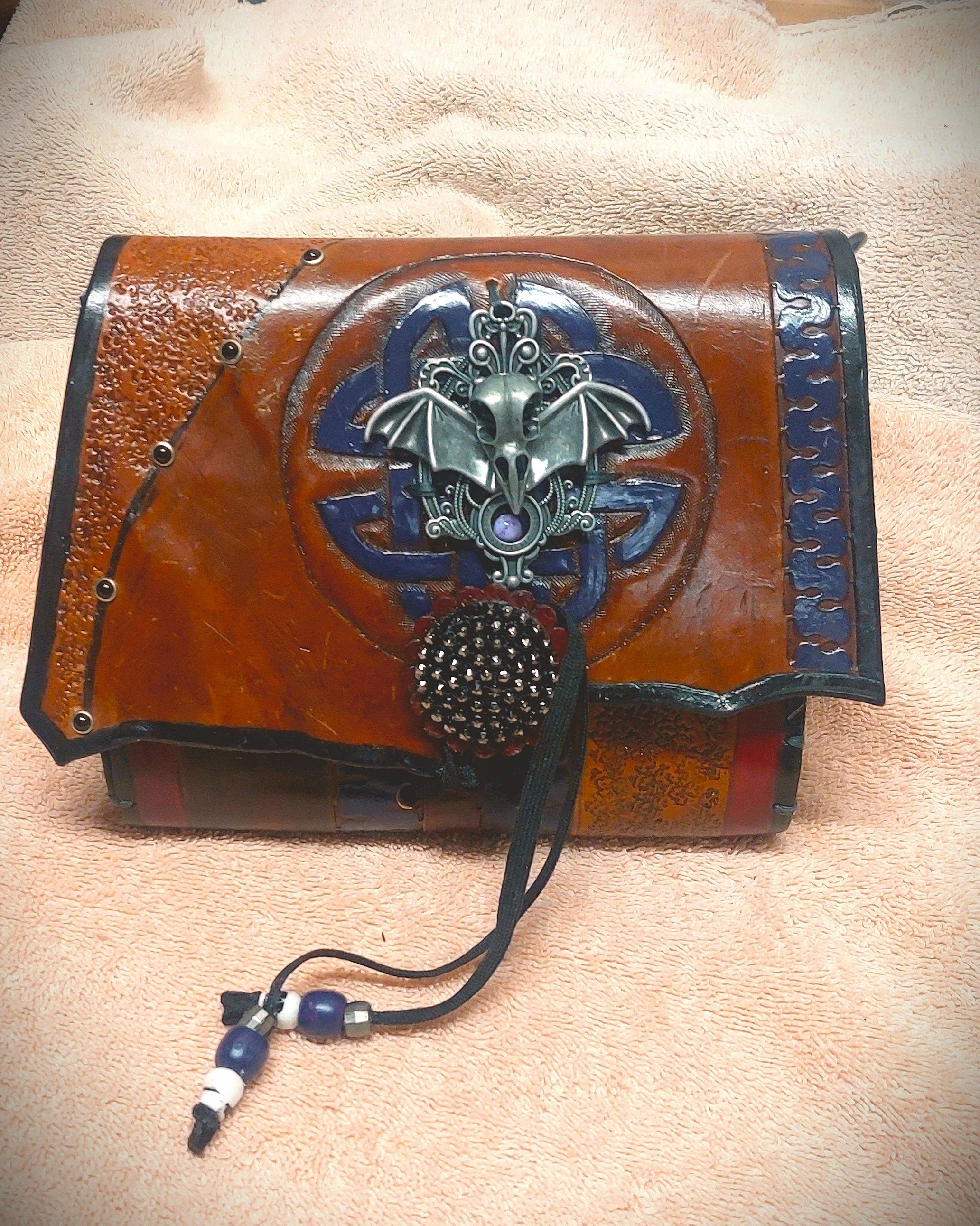 Raven Pewter Sculpture Atop Carved Purple Celtic Circle Decorates this Unique Brown Purse/Pouch