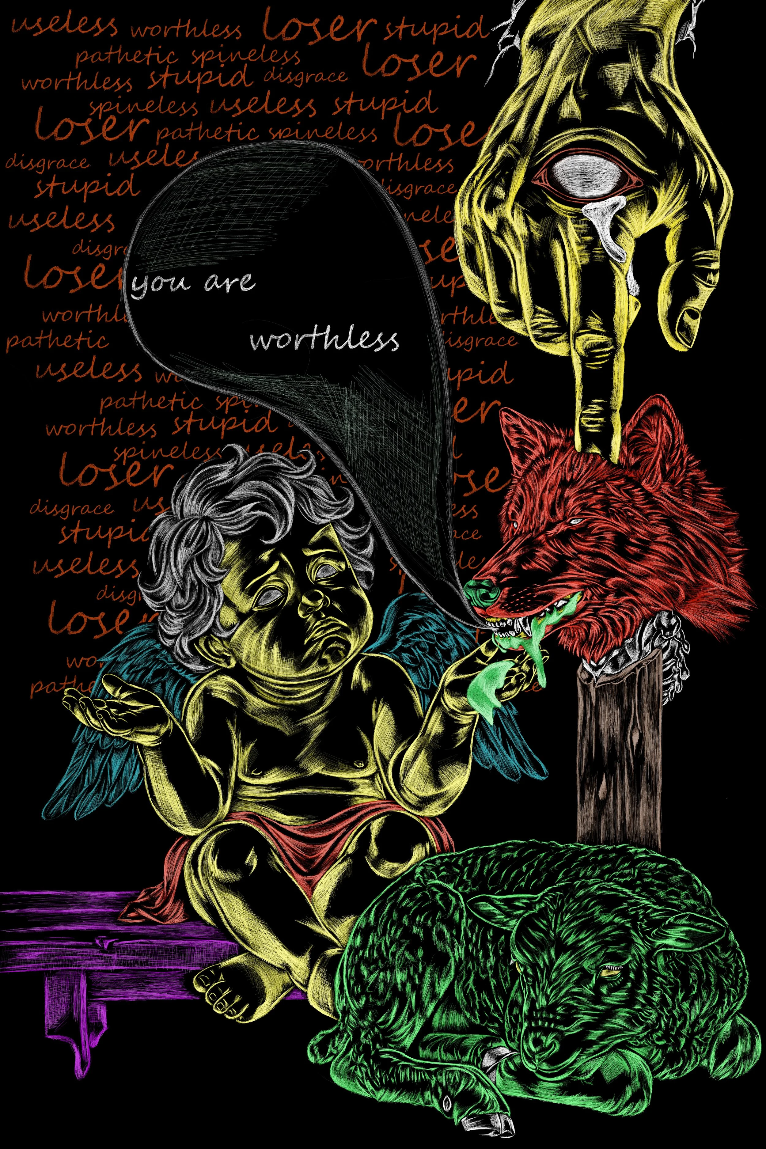 Little Lamb's Adventures 4: Depression: Black sheep, 2026. Digital/printed on metal canvas, - 7200 x 10800 px / 24 x 36 in