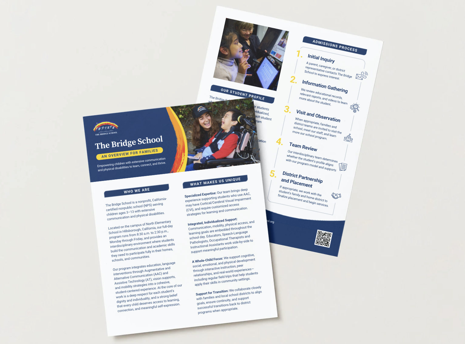 Brochure for The Bridge School featuring images of children, including one in a wheelchair, and information about the school's programs and admissions process.
