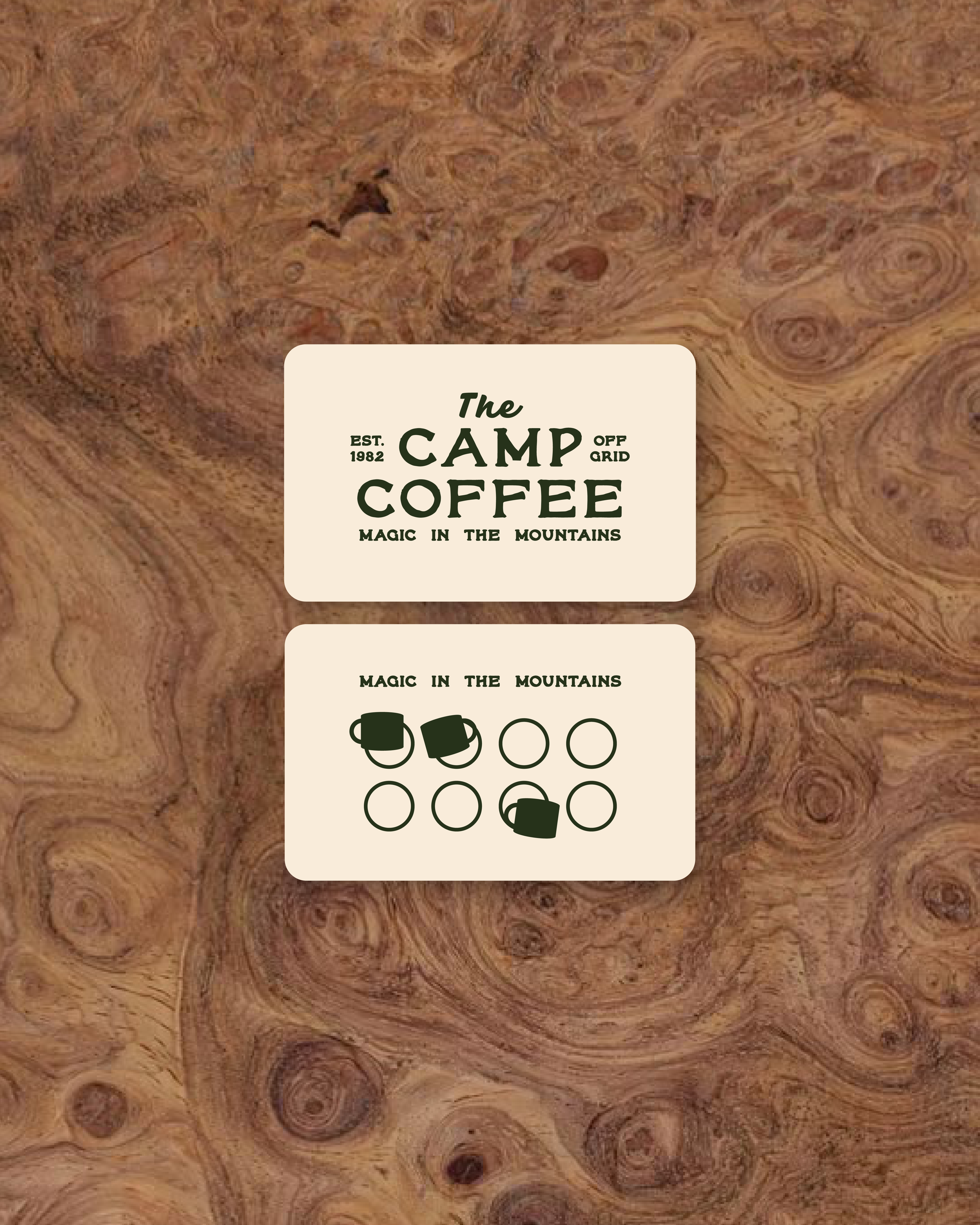Card with the text 'The Camp Coffee, Est. 1982, Magic in the Mountains'. Below it, there's a graphic with coffee mugs and circles representing a game or activity.