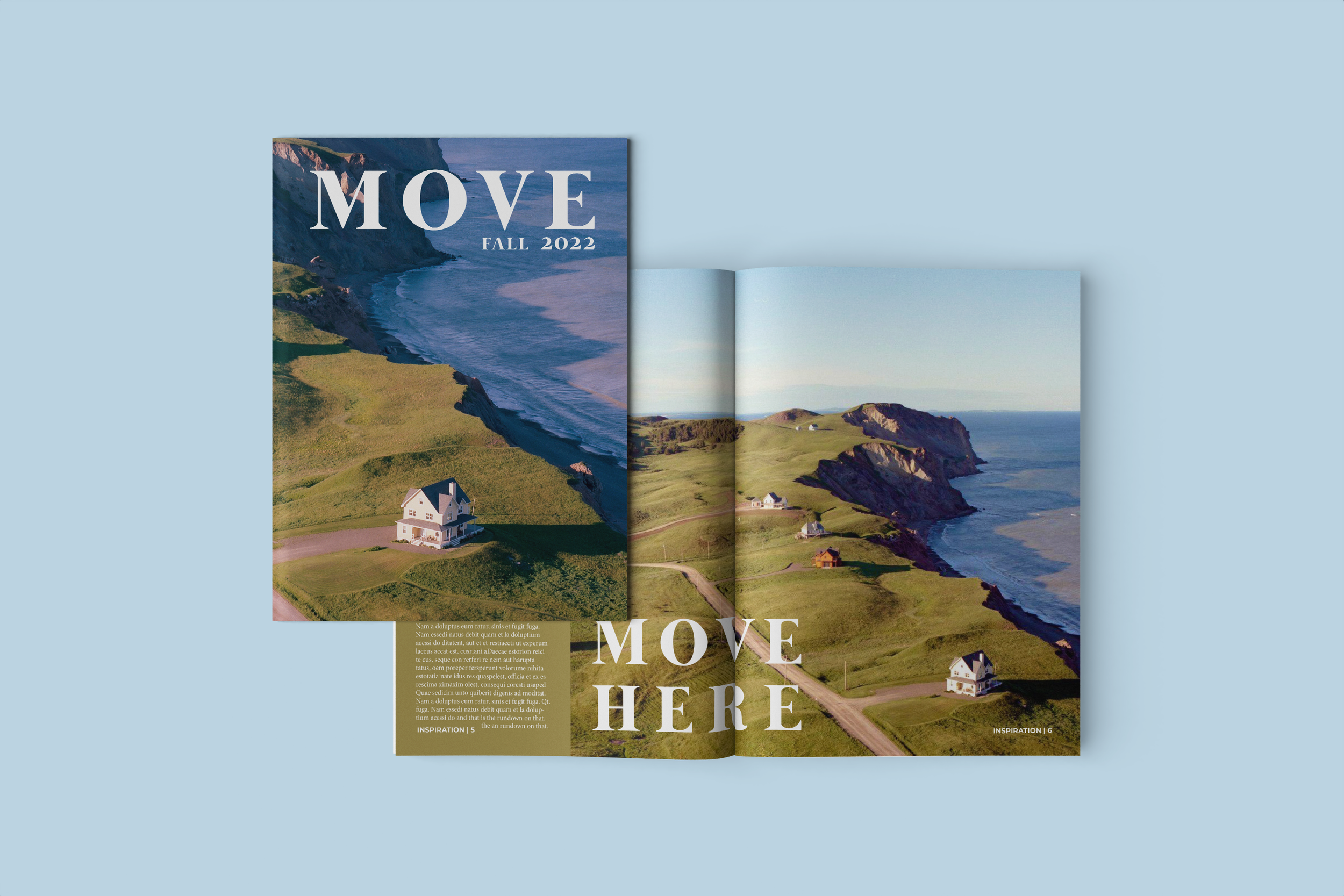 Open magazine with landscape photograph of coastal cliffs, ocean, and houses, with text overlay 'MOVE HERE' and publication info 'Fall 2022'.