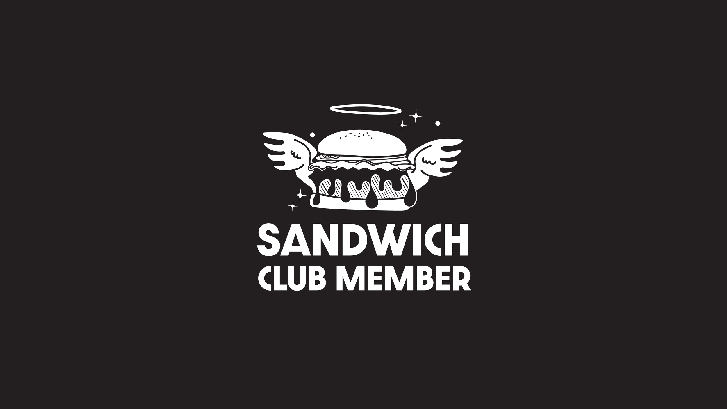 A black and white graphic design featuring a burger with angel wings and a halo, surrounded by stars, with the text 'SANDWICH CLUB MEMBER' below.