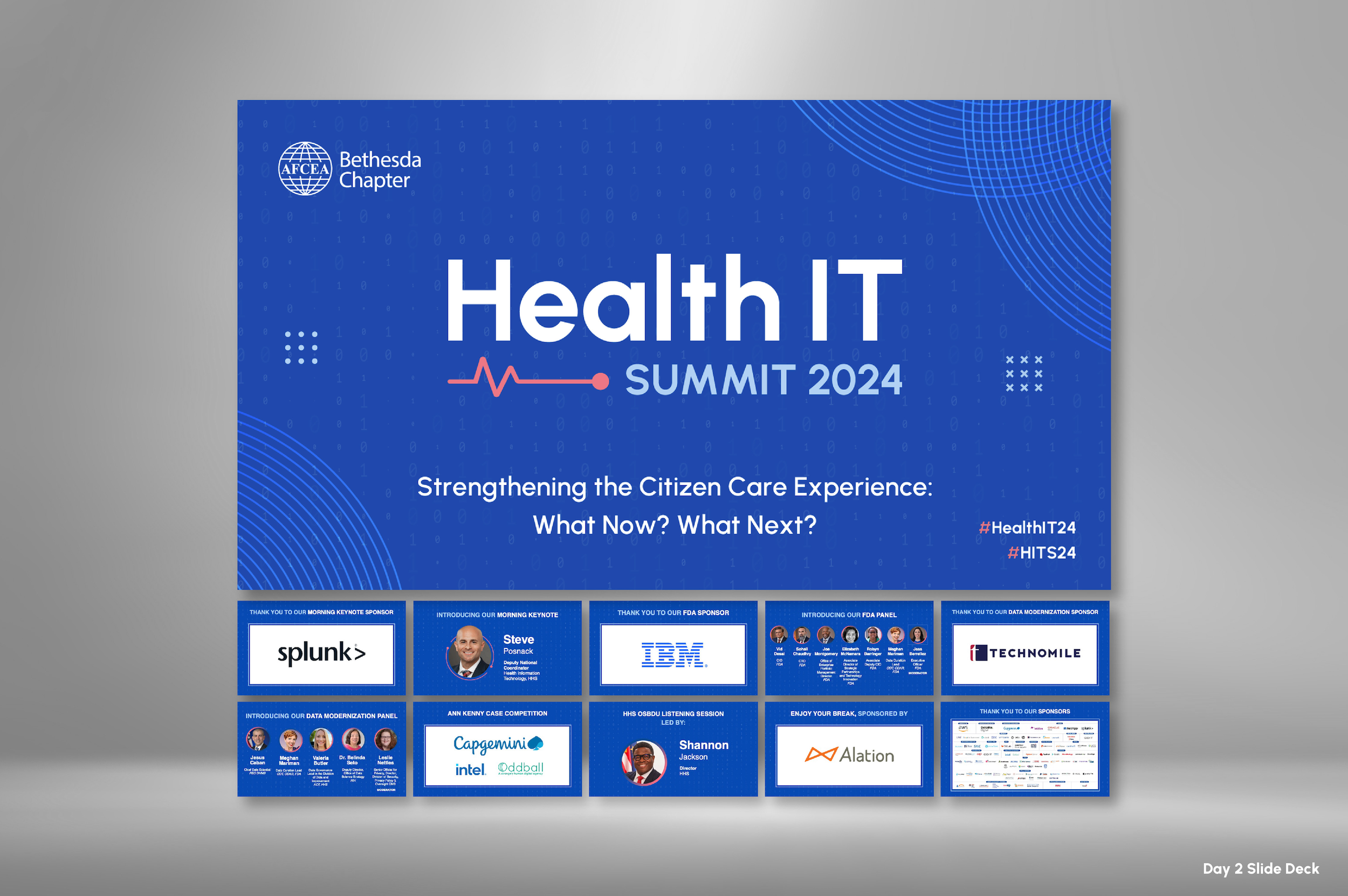 Slide deck for the Bethesda Chapter's Health IT Summit 2024, titled 'Strengthening the Citizen Care Experience: What Now? What Next?,' with logos of sponsors including Splunk, IBM, Technomile, Capgemini, Intel, and Alation, and featuring various spea