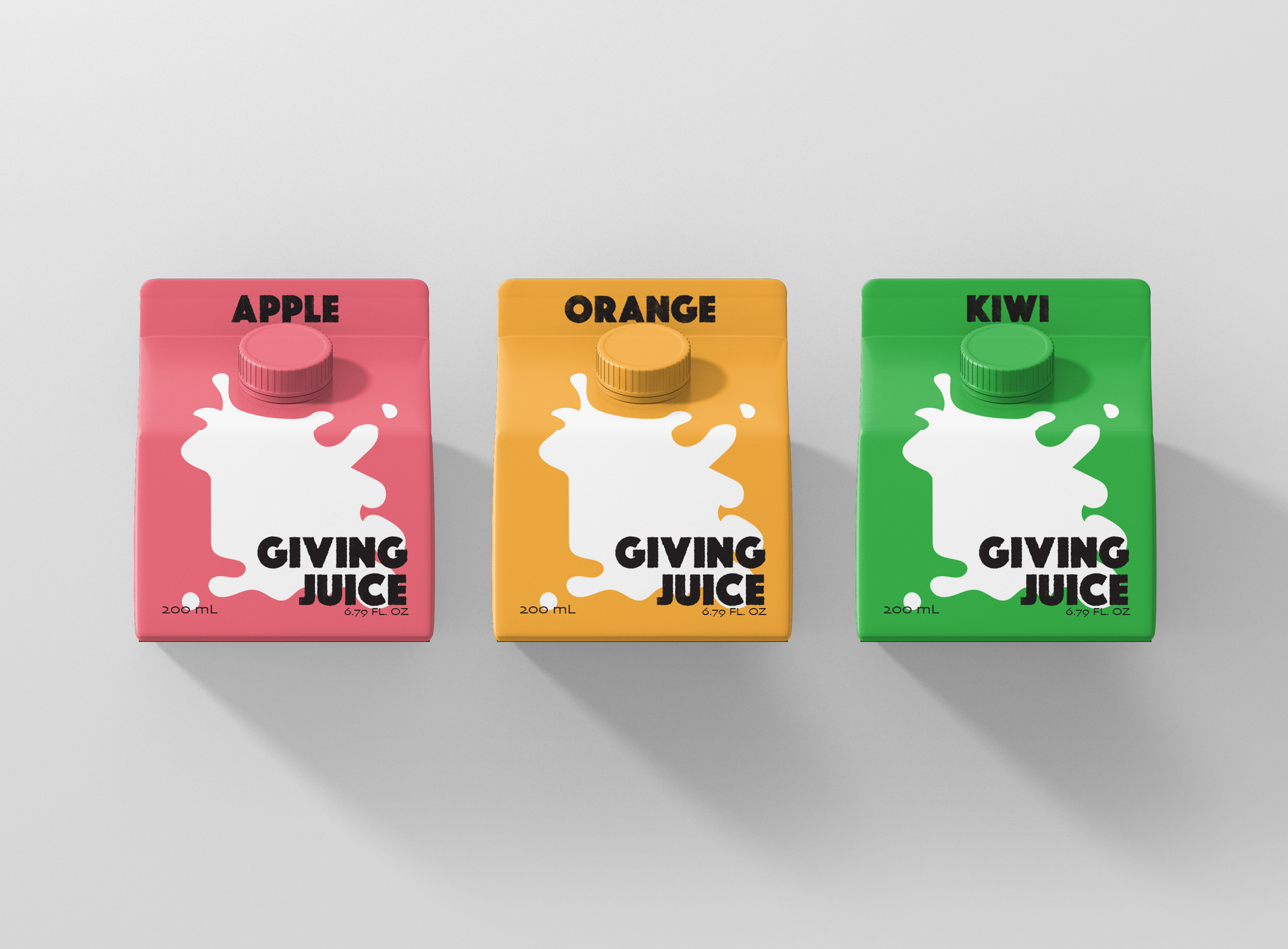 Colorful juice cartons in pink, orange, and green with a splash design and black text.