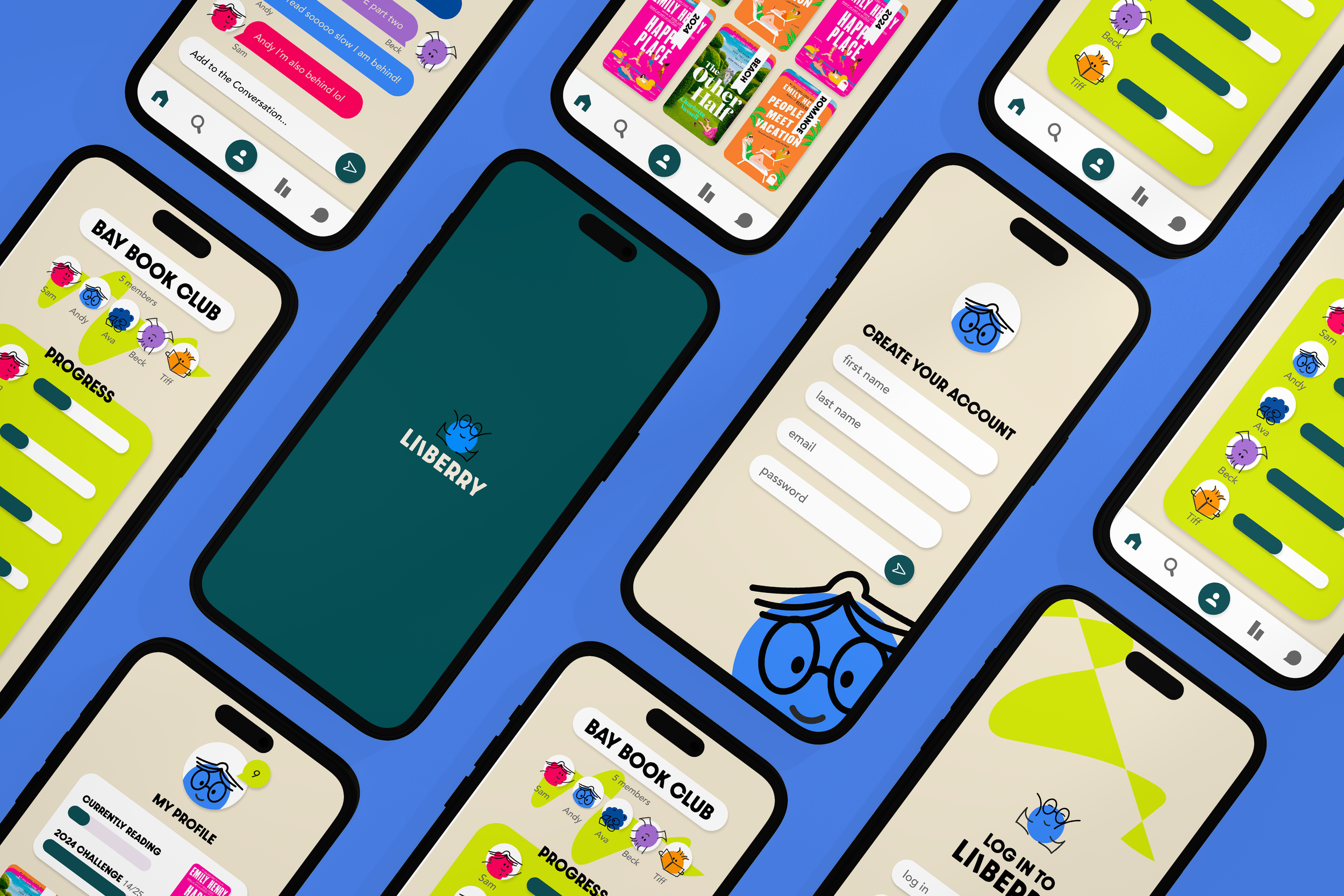 Multiple mobile phones displaying a colorful reading app called LIBERRY, featuring user profiles, account creation, reading progress, and book club screens, set against a blue background.