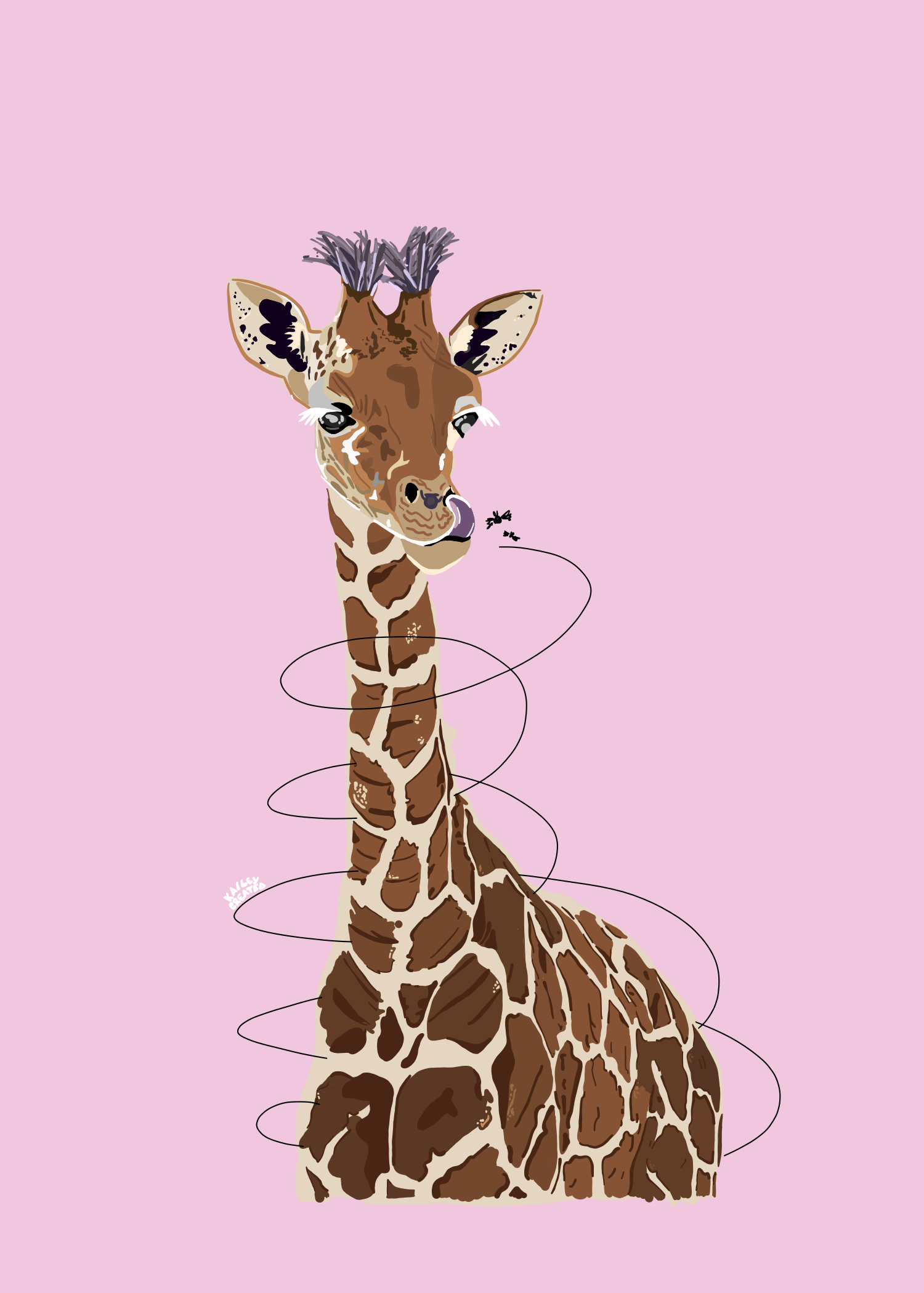 A digital illustration of a giraffe with a purple mohawk hairstyle, against a pink background, with swirling lines around its neck.