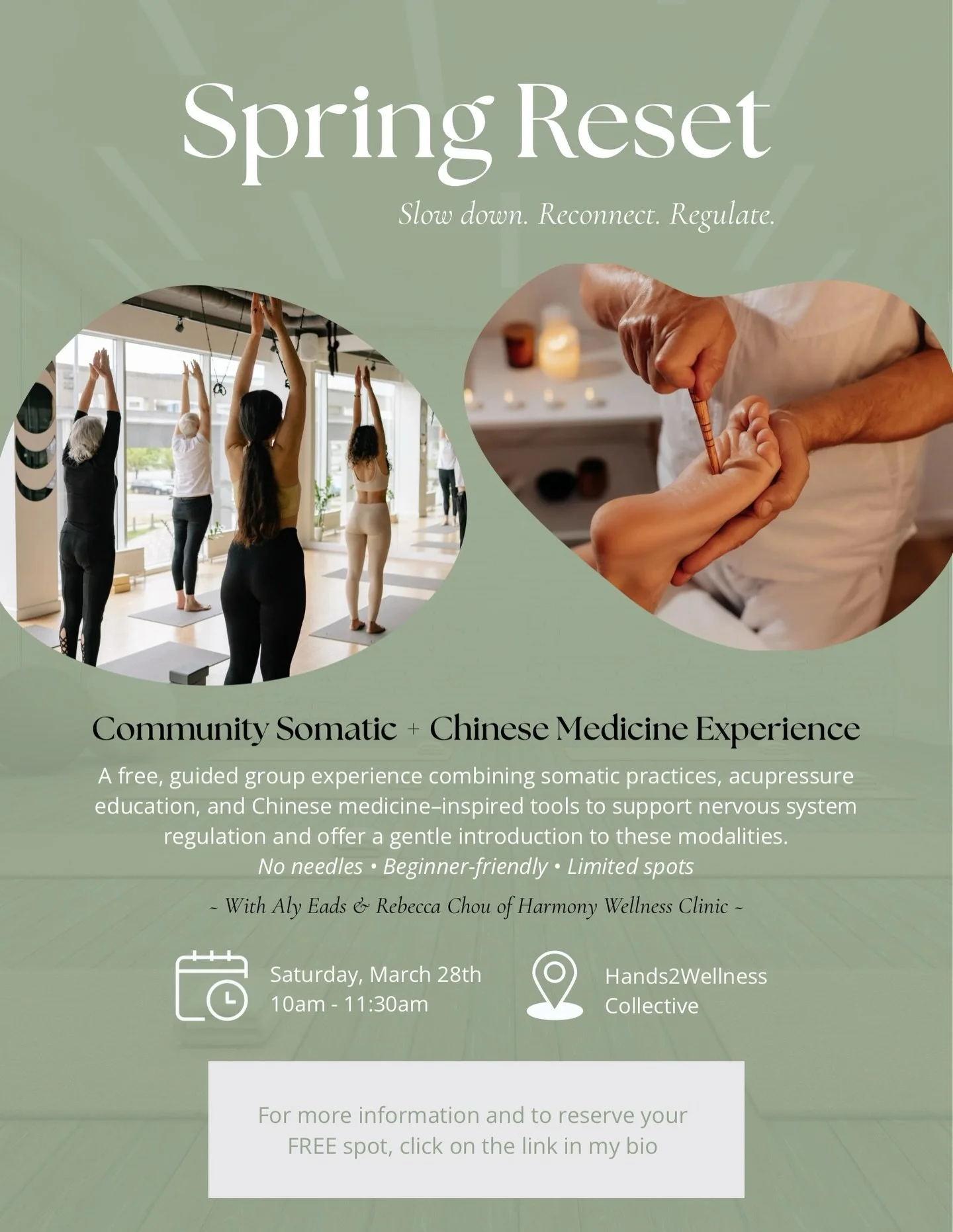 Your nervous system might not need more willpower &mdash; it might just need support.

Join us for a Spring Reset, a free guided experience blending somatic therapy and Chinese medicine. We&rsquo;ll move through simple body-based practices and learn 