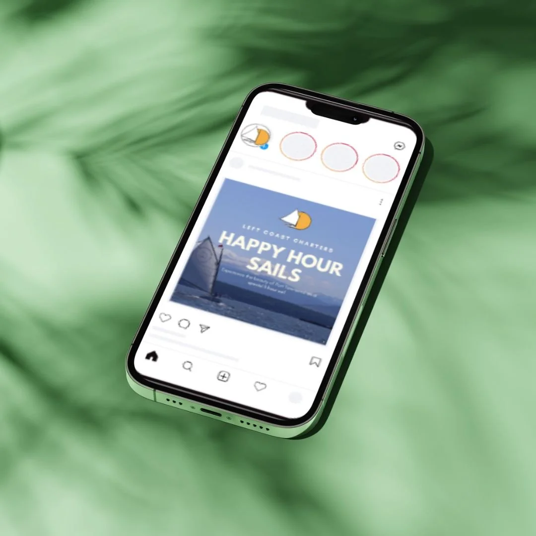 Smartphone displaying a social media post about charter sails called 'Happy Hour Sails' with a sailboat and water background.
