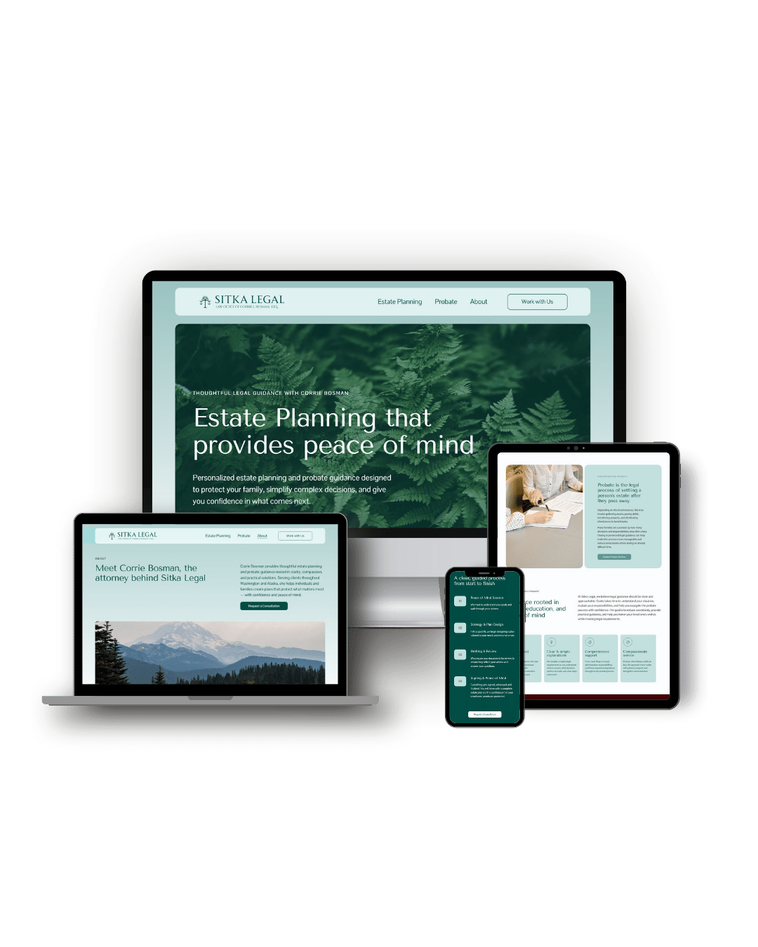 Responsive website displayed on multiple devices including a desktop, laptop, tablet, and smartphone. The site is for Sitka Legal, focusing on estate planning and probate with a nature-themed background.
