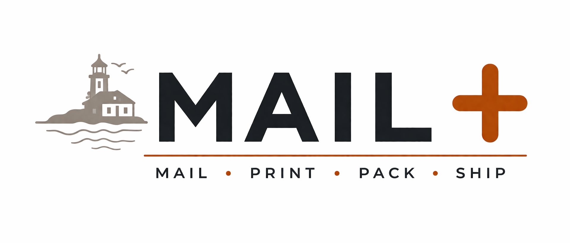 Logo for MAIL+ company featuring a lighthouse, with the words 'MAIL+', and additional text 'MAIL', 'PRINT', 'PACK', 'SHIP'.