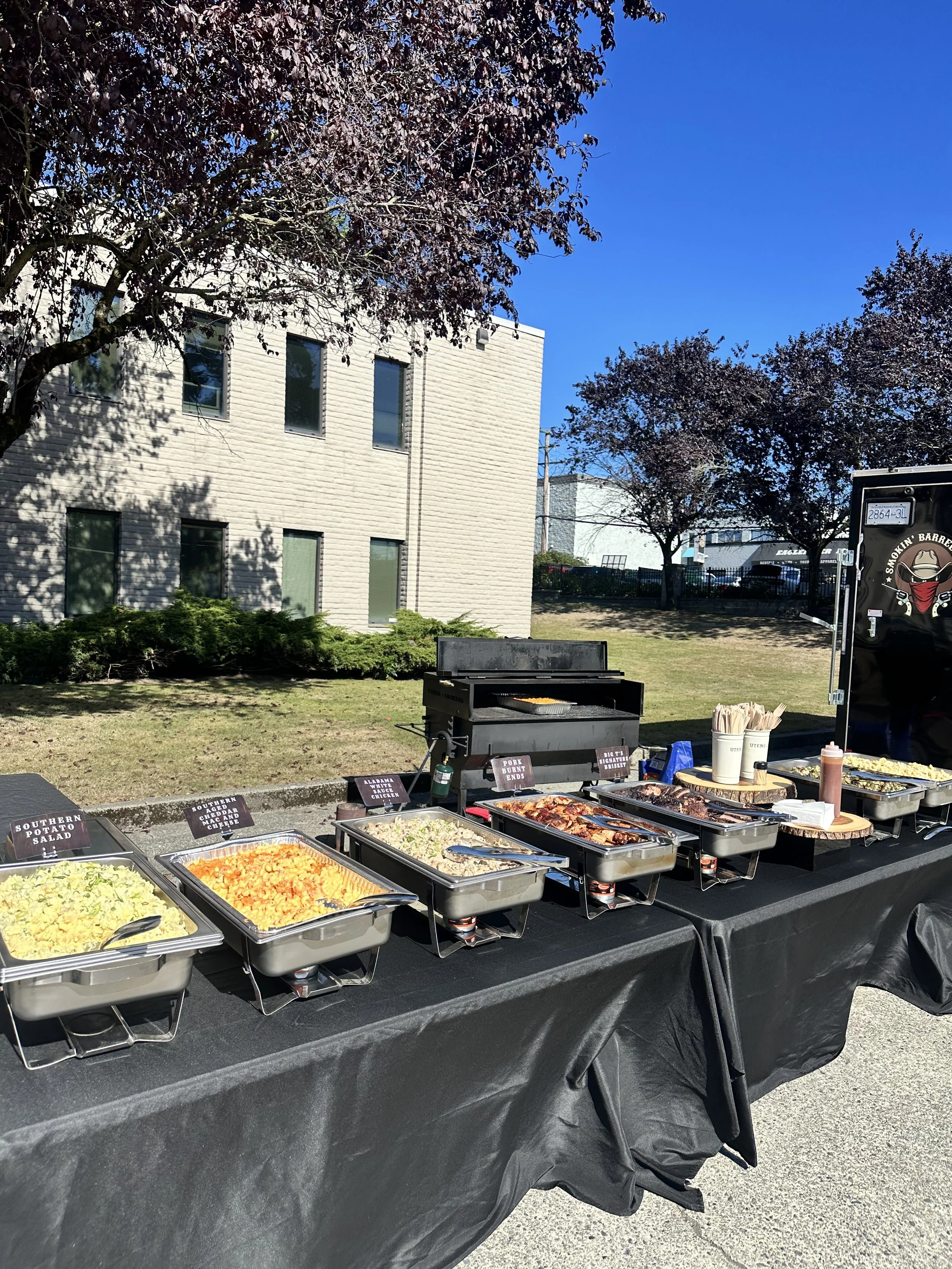 Lunch BBQ catering Potato Salad, Coleslaw, Signature Mac and Cheese, Pork Belly Burn Ends, Pulled Pork, Alabama white sauce chicken and Pitmaster Ts signature Brisket