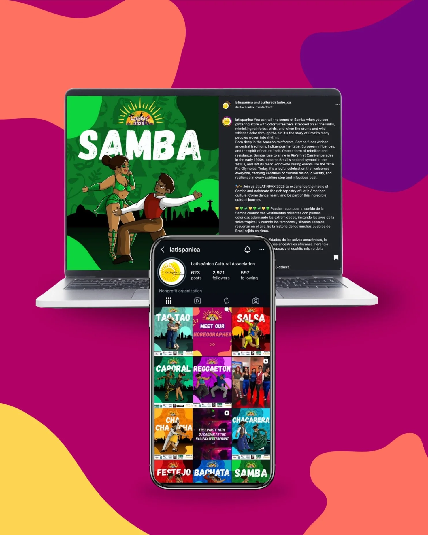 For LatinFax 2025, the studio designed illustrated posters for Latisp&aacute;nica showcasing dances like samba, salsa, bachata, and reggaeton, capturing their beauty and history as forms of resilience and joy, while avoiding common stereotypes.

Naho