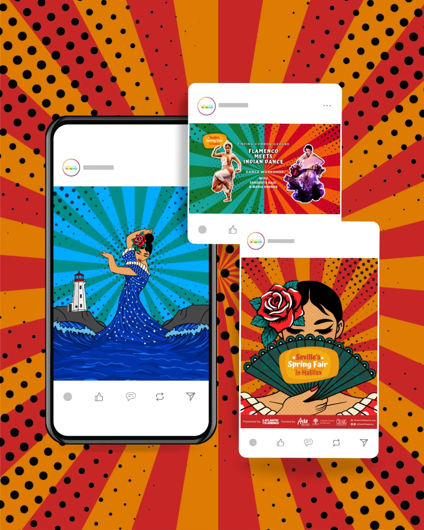 For Atlantic Flamenco&rsquo;s first Seville&rsquo;s Spring Fair, inspired by Seville&rsquo;s own Feria de Abril, the studio designed posters for the festival&rsquo;s three programs: Between Shores, a flamenco performance exploring ties between Canada