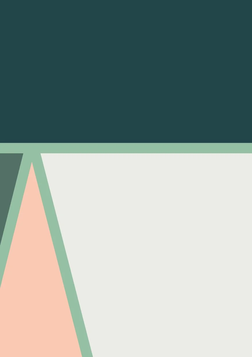 Abstract geometric design with large dark teal rectangle at the top, a thin mint-green line below, a large off-white area on the right, a pale peach triangle on the bottom left, and a muted green shape next to it.