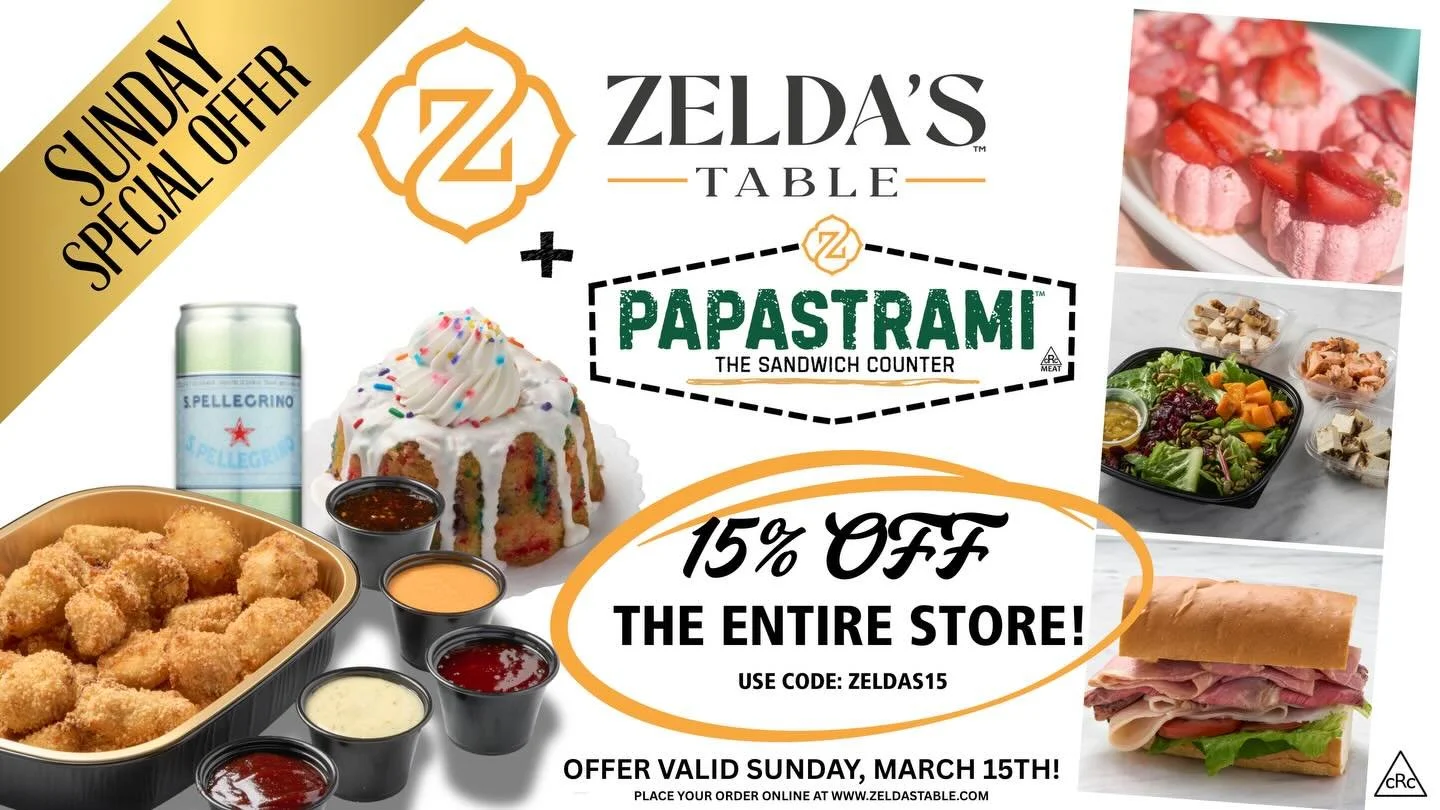 Sunday just got a whole lot tastier 😋✨
Enjoy **15% OFF the entire store** today only! From stacked sandwiches to sweet treats and crispy bites &mdash; treat yourself to a little bit of everything.

Use code **ZELDAS15** and make your Sunday deliciou