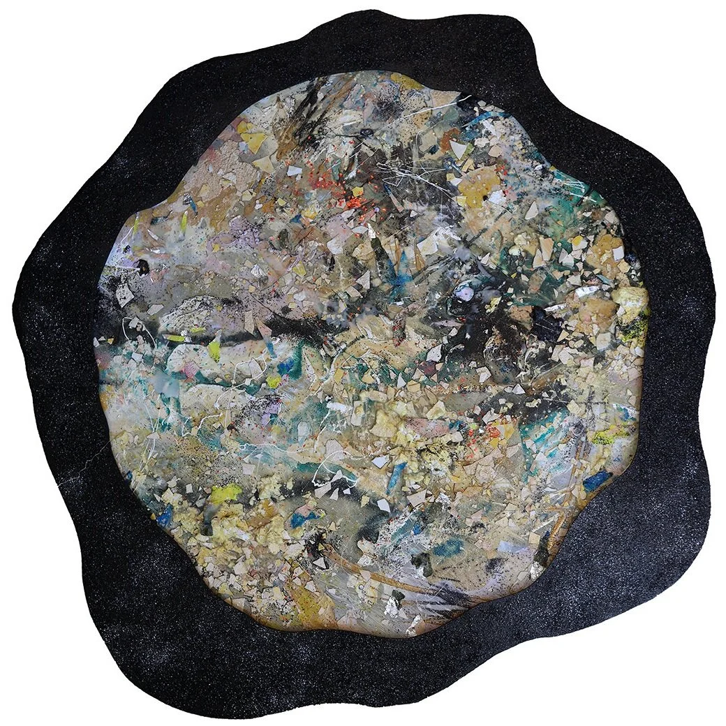   Cosmic Eggsercise   mixed media on wood with custom frame  appx. 50in x 50in  2019   