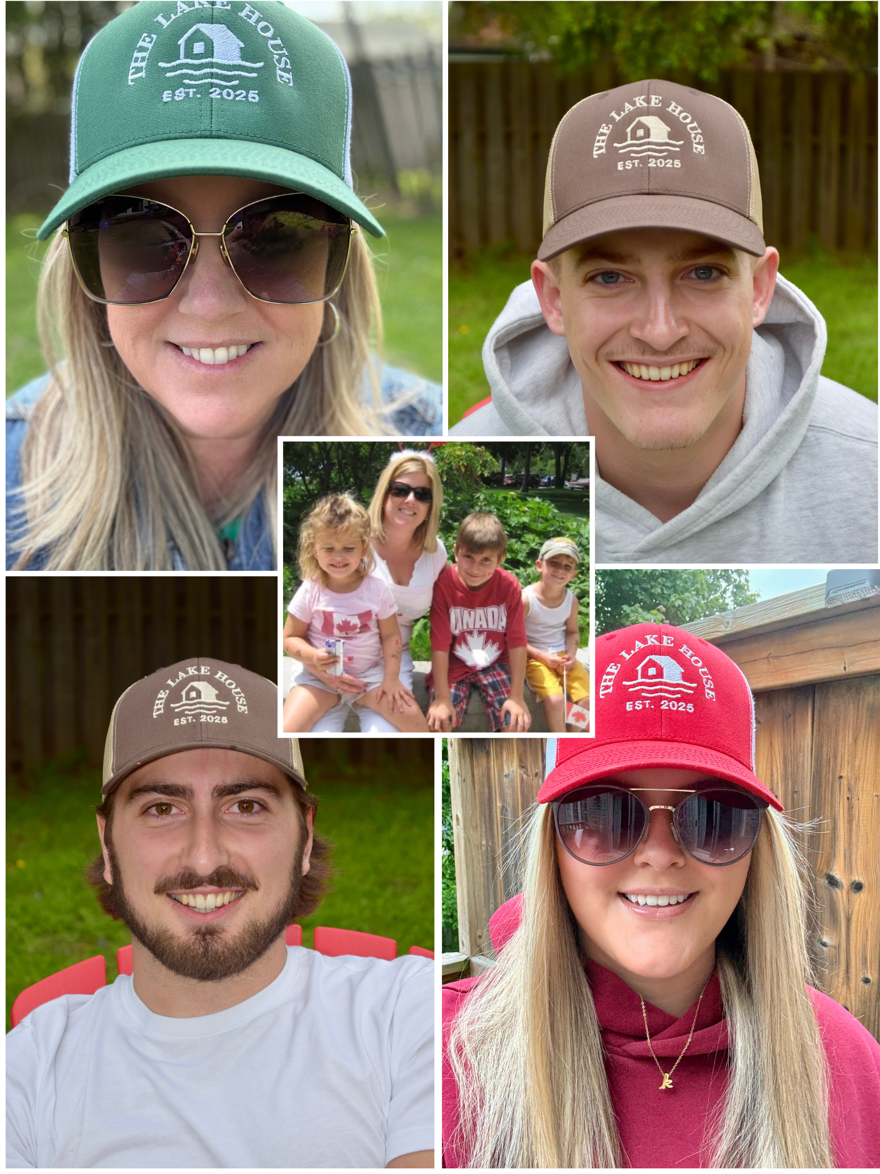 Collage of outdoor family photos featuring people wearing hats with 'The Lake House' logo and 'Est. 2025', including close-ups of women and men, and a group of children with a woman in a garden.