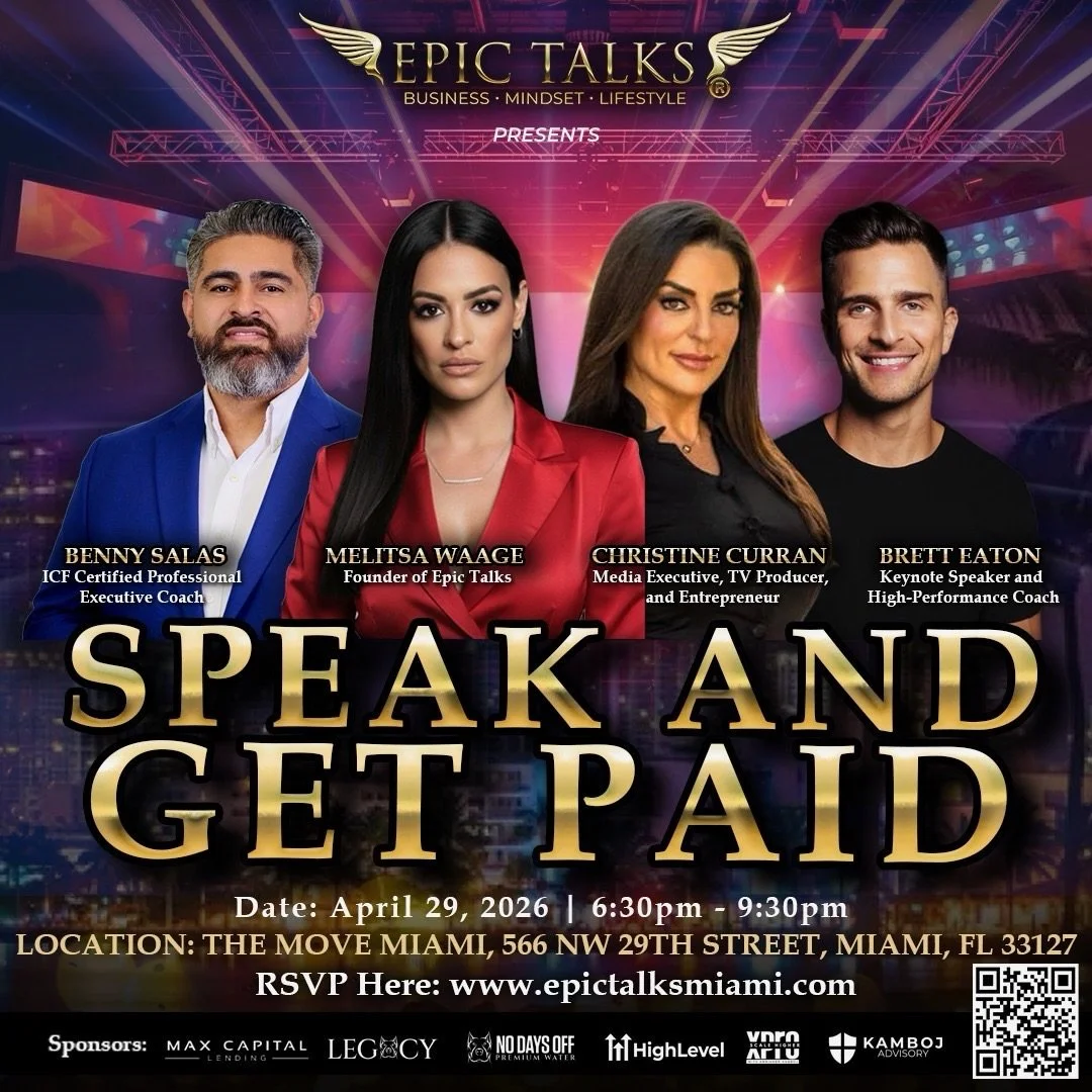 Miami...this is gonna be epic!

I&rsquo;m hitting the stage at Epic Talks: &ldquo;Speak &amp; Get Paid,&rdquo; alongside some impressive speakers to share a bit of my story, while breaking down how to craft your own message and get paid to share it.

