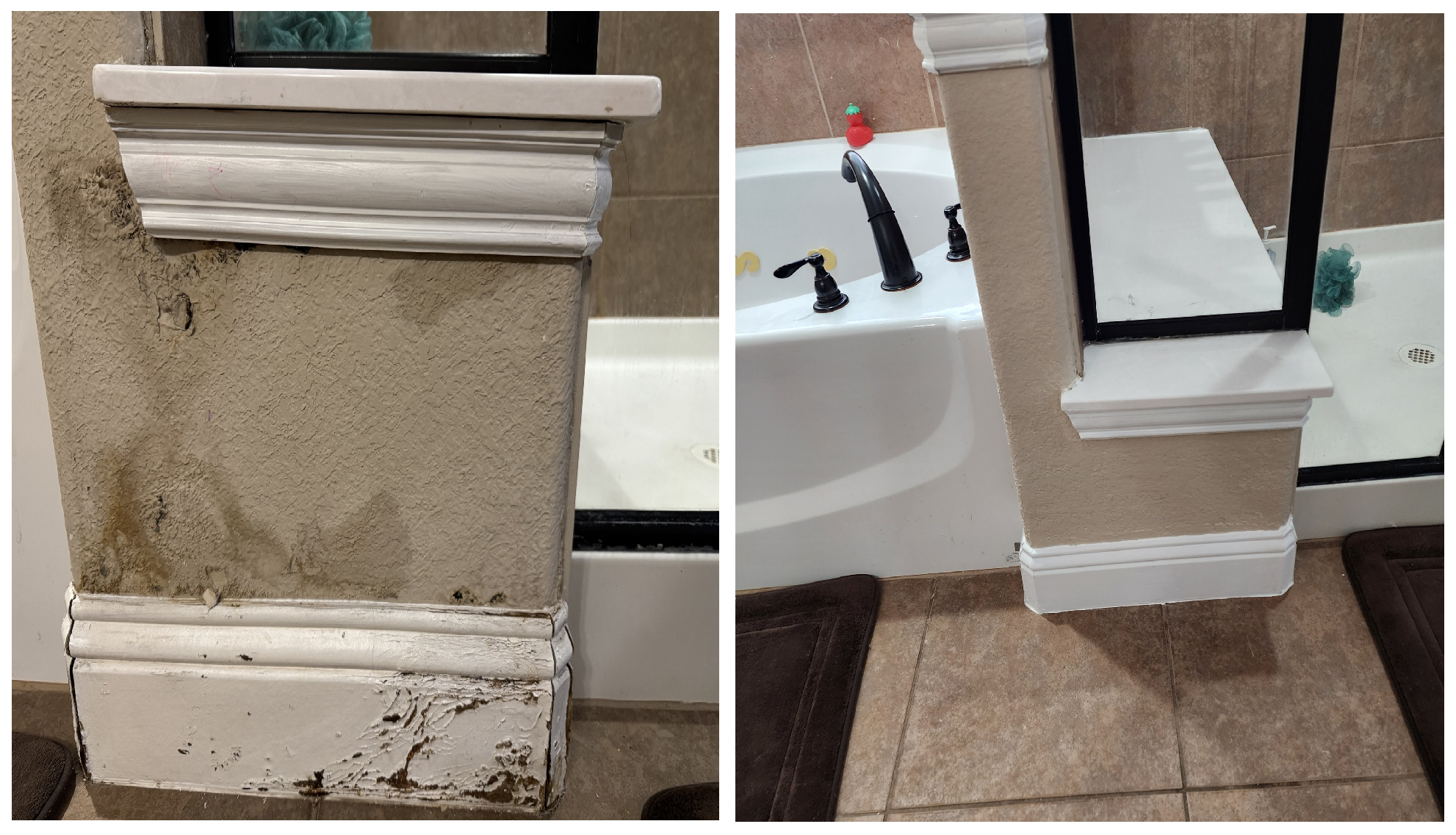 Comparison of a bathroom wall section before and after repair, showing mold and damage repaired with new paint and trim.