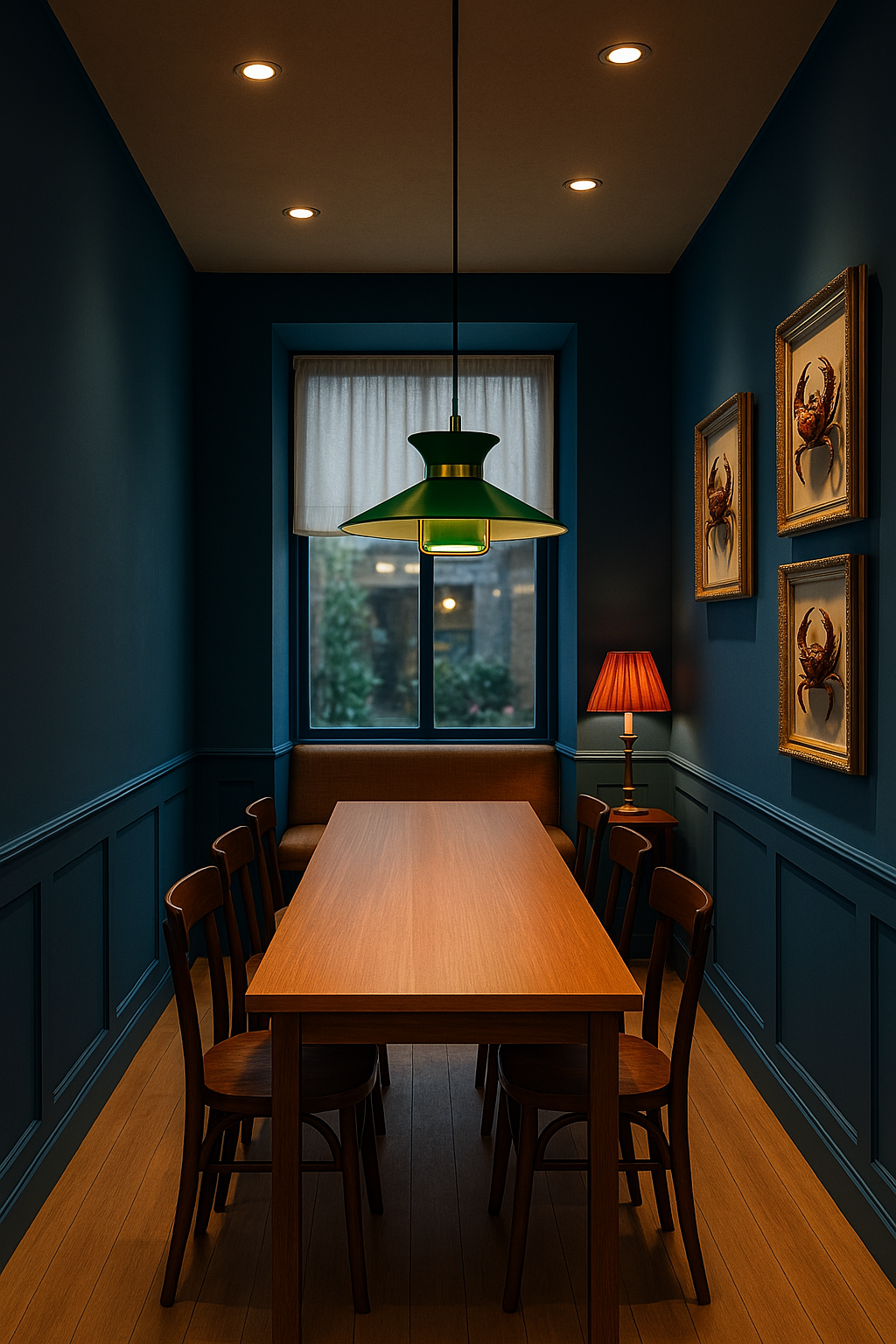 A dining room with teal walls, wooden table and chairs, a window with white curtain, a green pendant light, and framed crab pictures on the wall