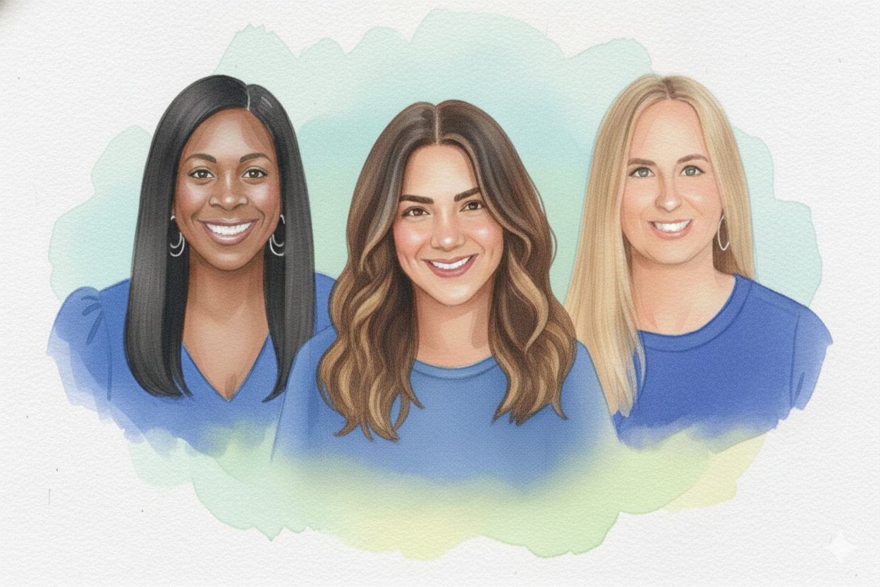 Watercolor illustration of three diverse women with professional, friendly smiles.
