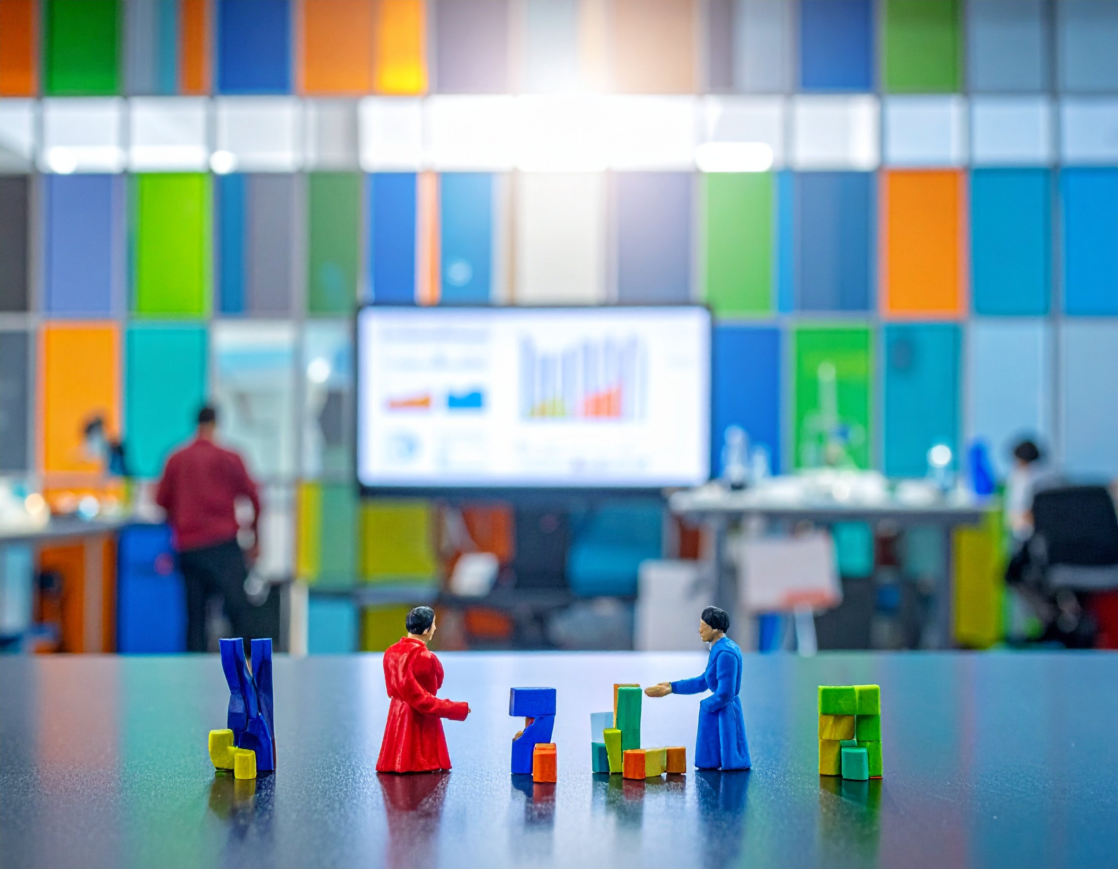 Two small toy figurines in professional attire standing and interacting surrounded by colorful blocks, with a blurred office background featuring a large digital screen and workers.