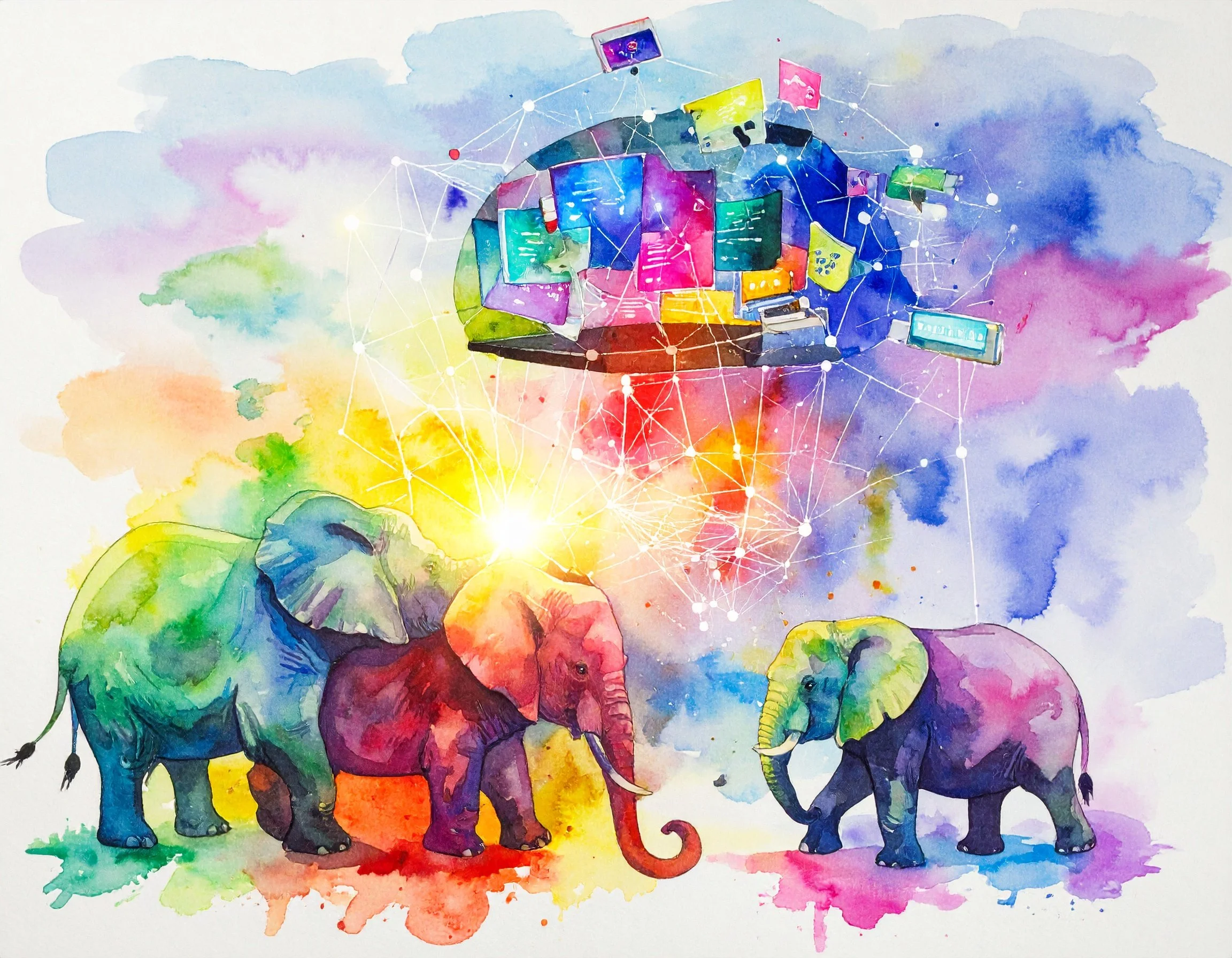 Watercolor illustration of three elephants in rainbow colors standing beneath a floating digital world made of electronic devices and connections, with bright, colorful backgrounds.