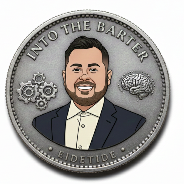 A silver coin with a cartoon illustration of a smiling man in a suit, surrounded by gears and a brain, with the text 'INTO THE BARTER' at the top and 'EIDETIDE' at the bottom.