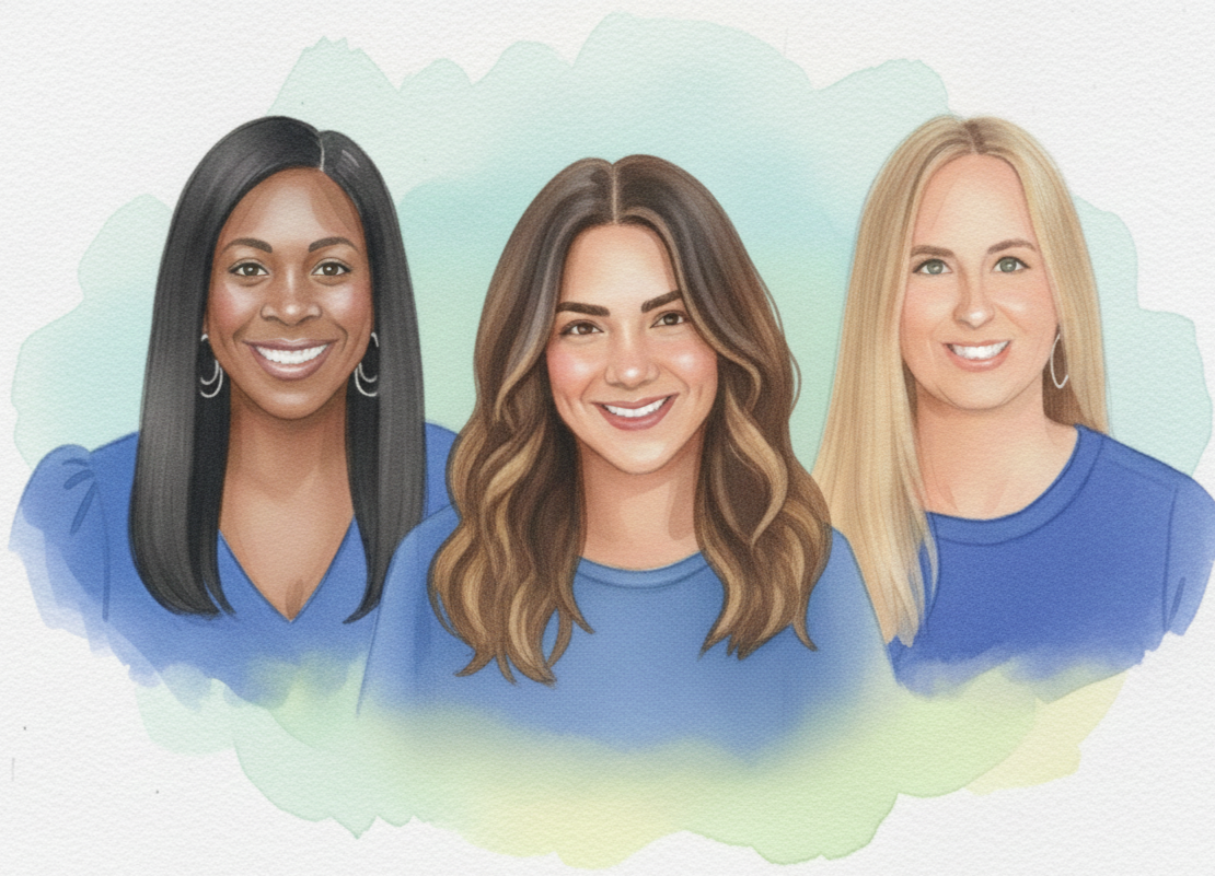 Three women with different hair colors smiling, wearing blue shirts, against a light background with watercolor-like green and blue accents.