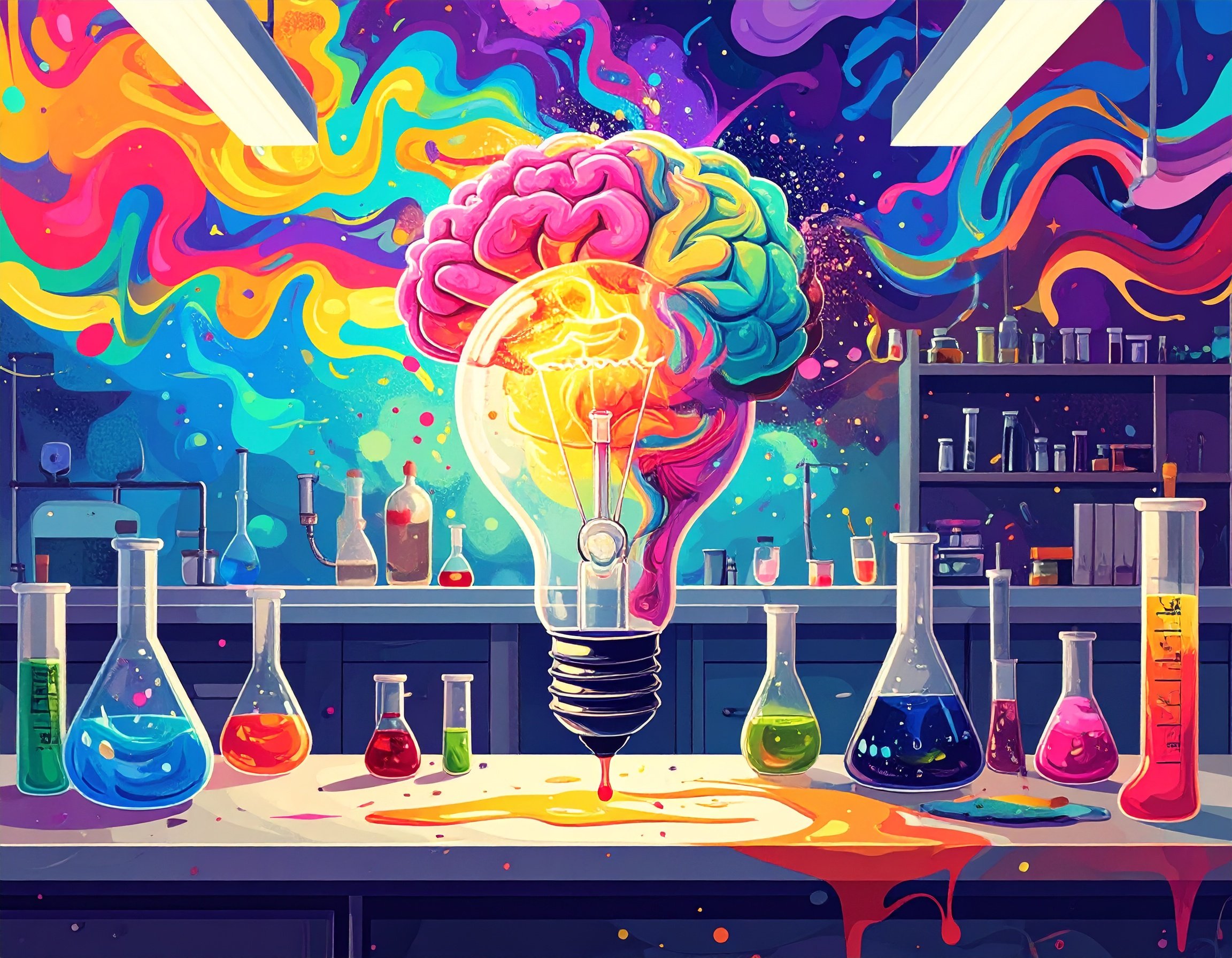 A colorful, surreal illustration of a brain inside a light bulb, with vibrant paint swirls and splashes in the background and various laboratory glassware filled with brightly colored liquids on a laboratory table.
