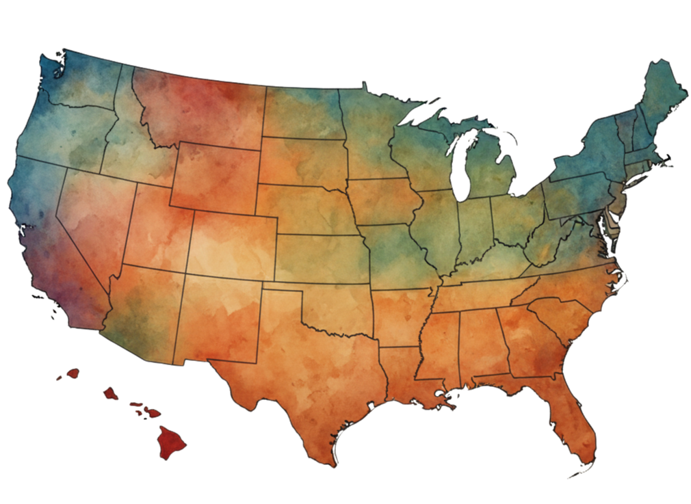 Color-coded map of the United States showing the country divided into states with varying shades of red, orange, yellow, green, blue, and purple.