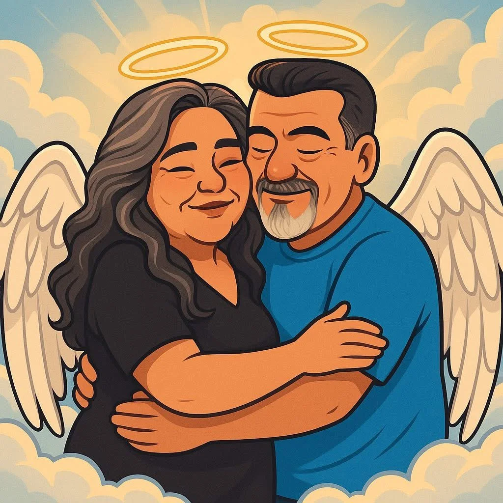 A cartoon illustration of a man and woman with angel wings and halos, hugging and smiling peacefully in the clouds.