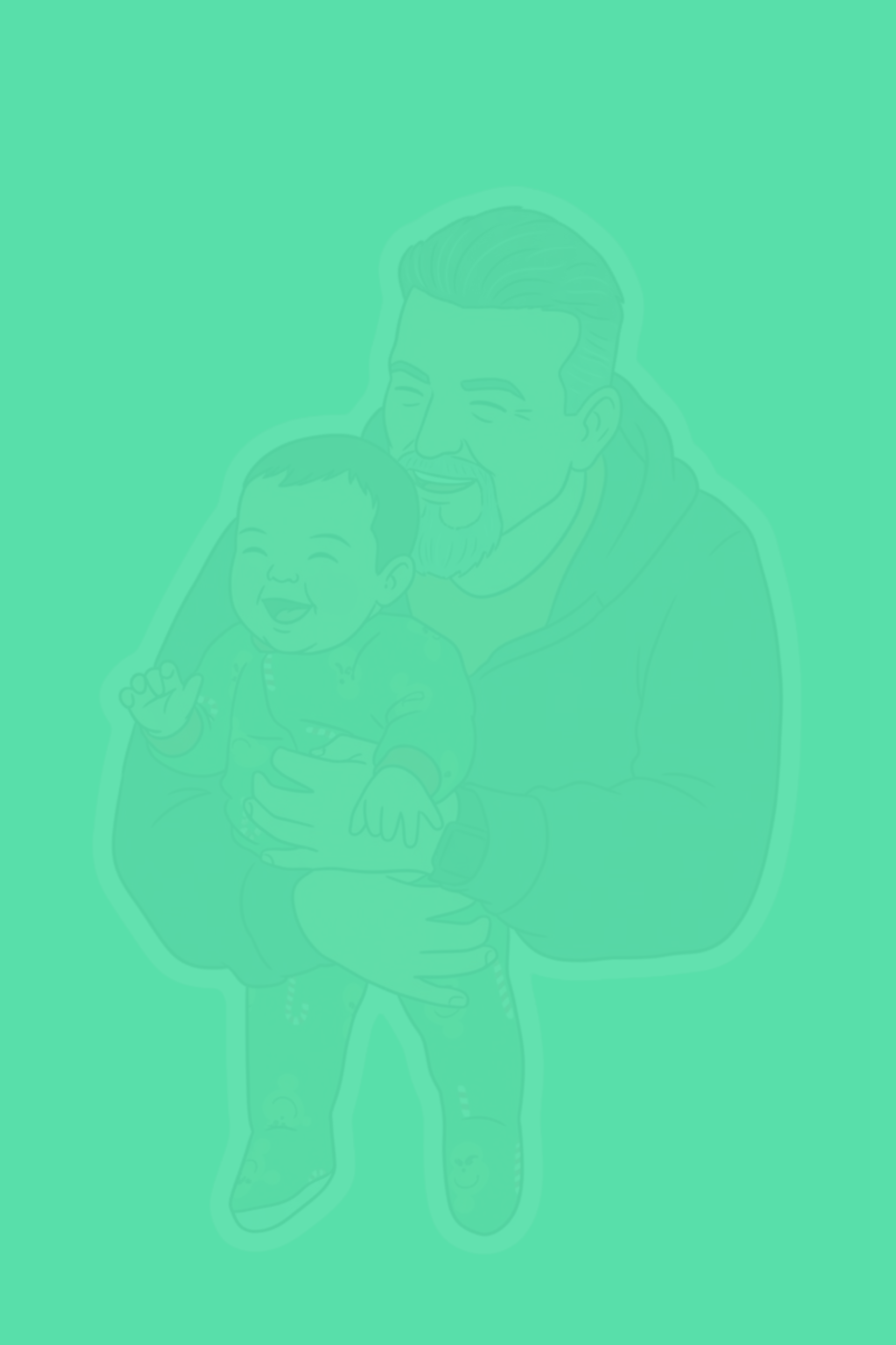 Line art illustration of an older man with a beard holding a smiling toddler, both appearing happy.