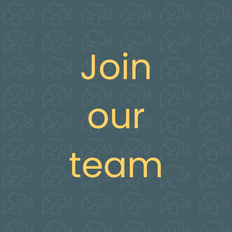 Text that says "Join our team" on a dark background with a subtle elephant graphic pattern.