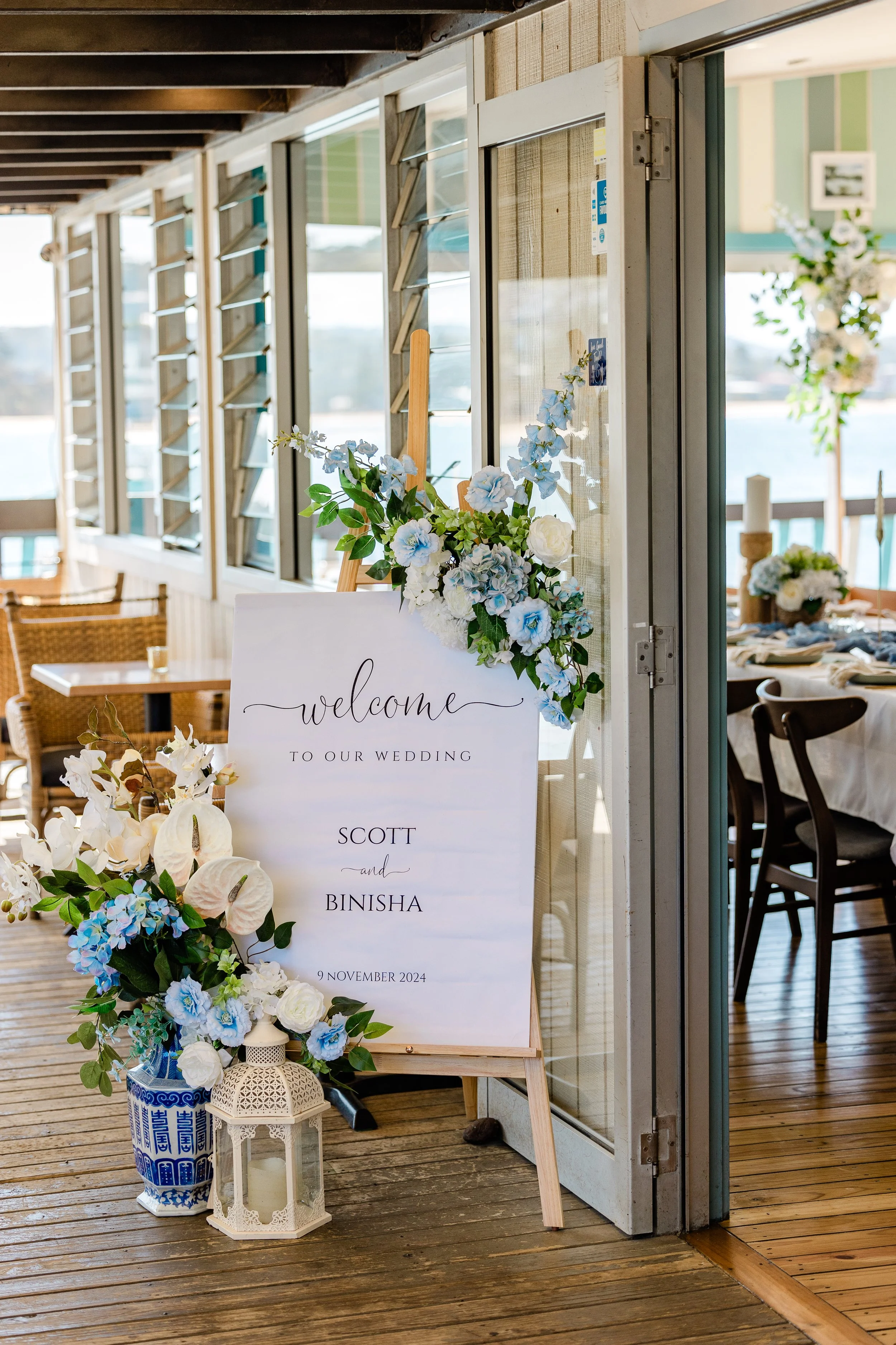 Wedding welcome sign at entrance to Terrigal Haven wedding venue Amarilla Restaurant