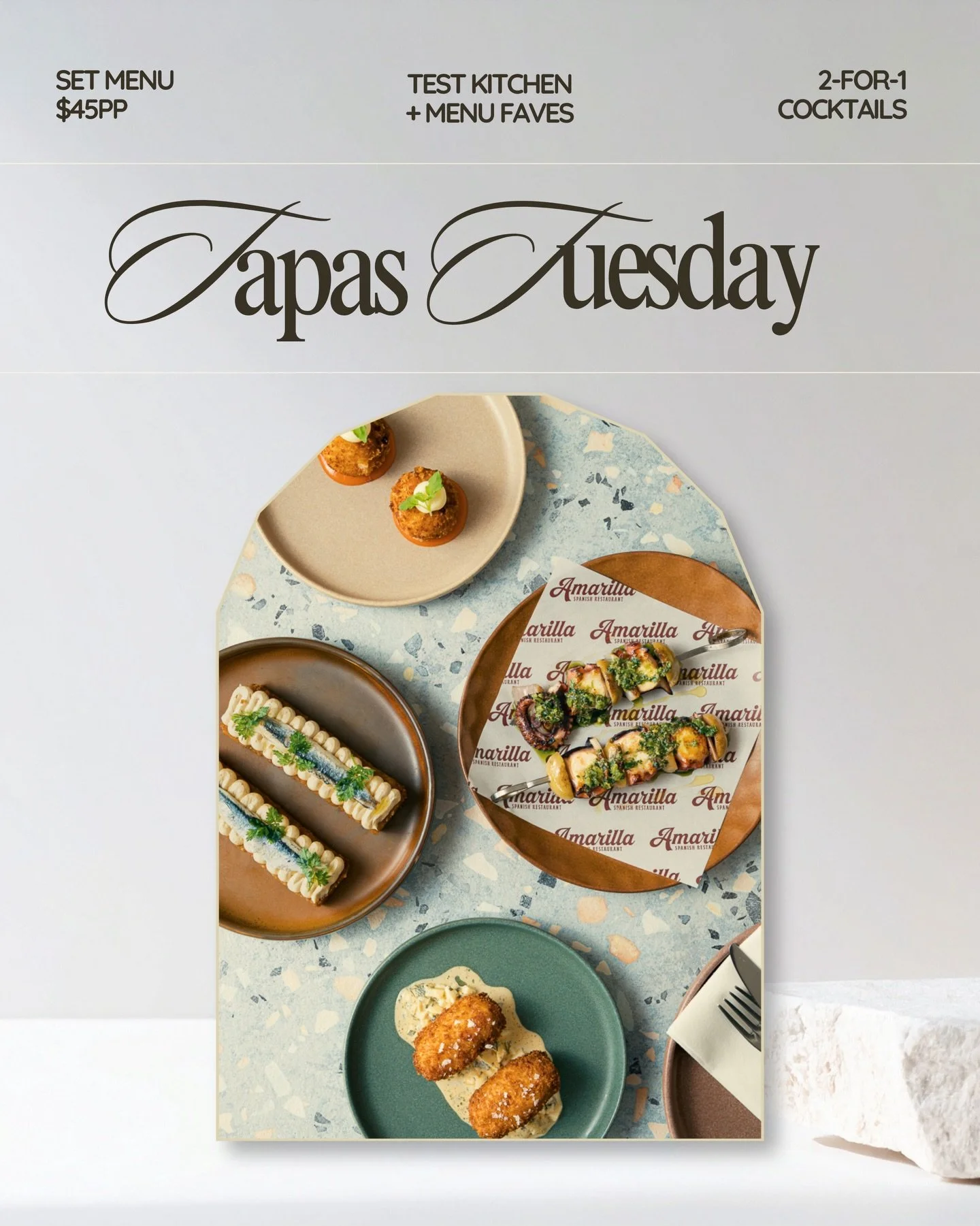 Introducing Tapas Tuesday at Amarilla &mdash; your new mid-week dinner plan.

$45pp gets you four plates: two of our regular favourites and two off-menu test kitchen dishes our chefs are currently playing with. It changes weekly, so you&rsquo;ll neve