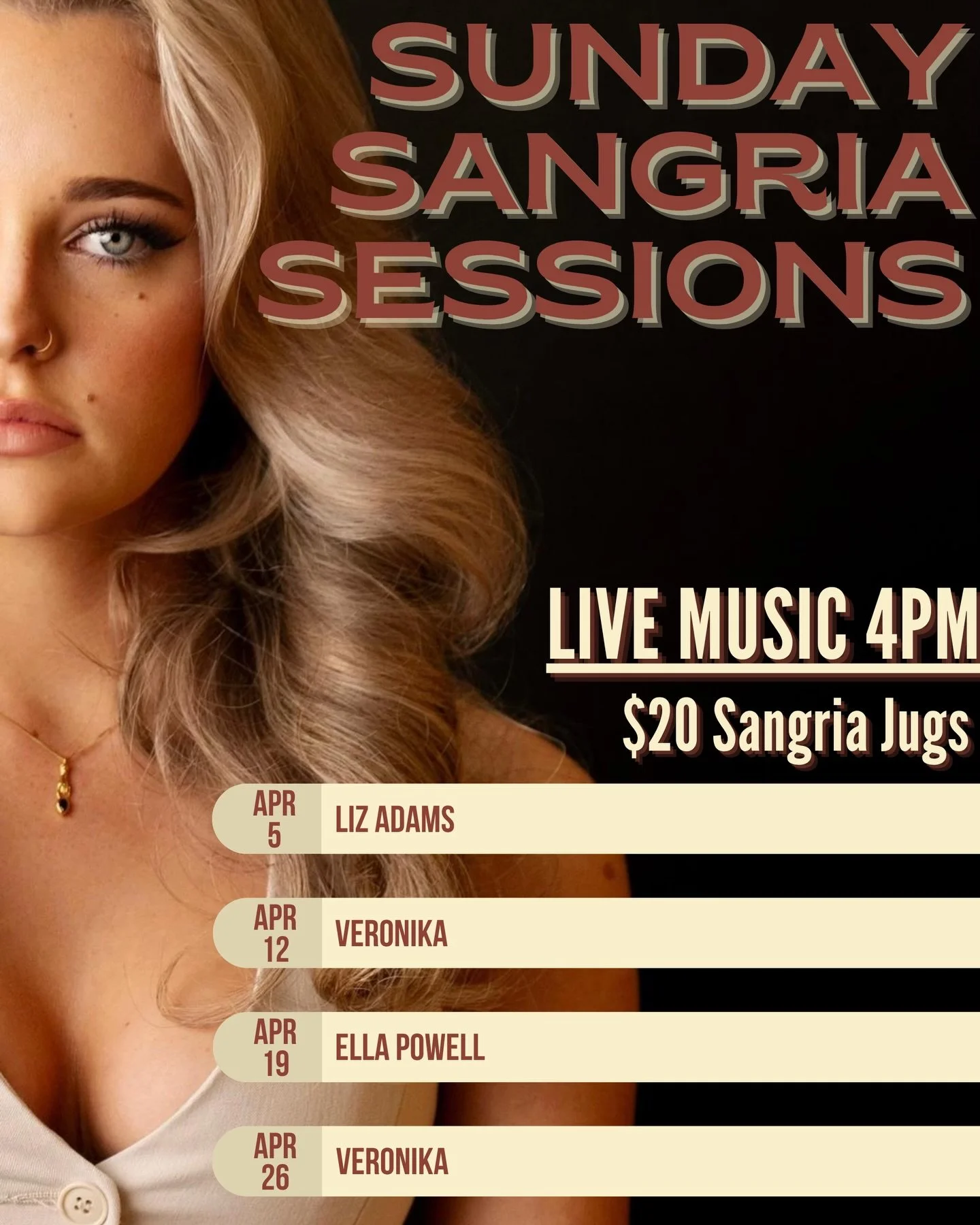 The girls have it this April 🫶🏻 We&rsquo;re welcoming some of our favourite musicians back to Amarilla through the month of April, starting with @liz_adamsss_ this Sunday, April 5. 

Join us as we see out Easter Sunday with this superb songstress f