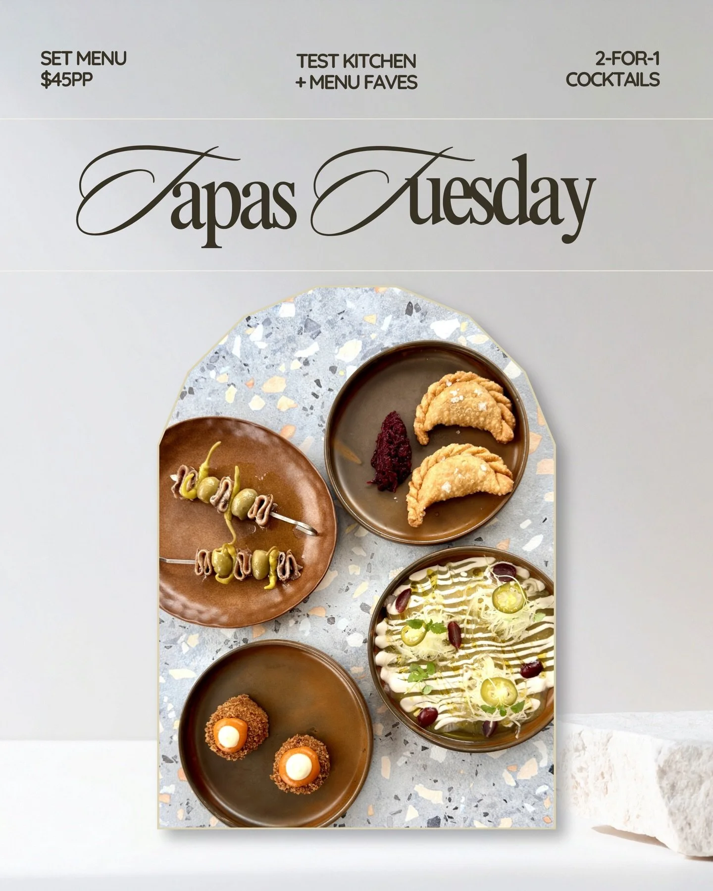 Our first ever Tapas Tuesday was a hit! This week we&rsquo;re rolling out a whole new menu for your new fave mid-week tradition. 

First, let&rsquo;s recap the deal&hellip; 

$45pp gets you four plates: two of our regular favourites and two off-menu 