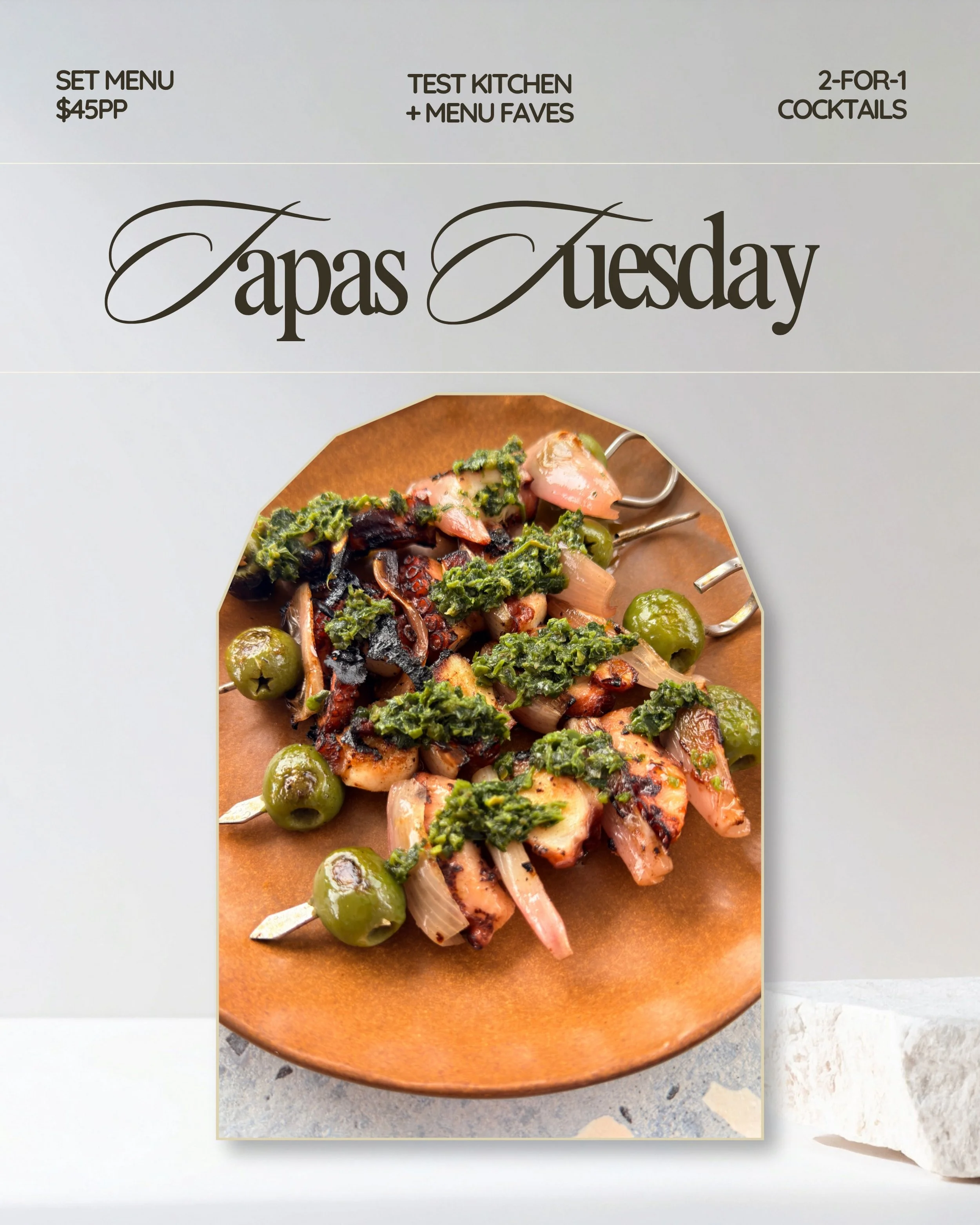 This Tapas Tuesday is for the Seafood Lovers 🐙

The deal: 4 tapas plates, $45pp set menu. 

This week&rsquo;s menu:
PULPO GILDA | octopus skewers - eschalot - salsa verde -olive GF, DF

SOCARRAT | caramelised rice - mussels - cava butter GF

CROQUET