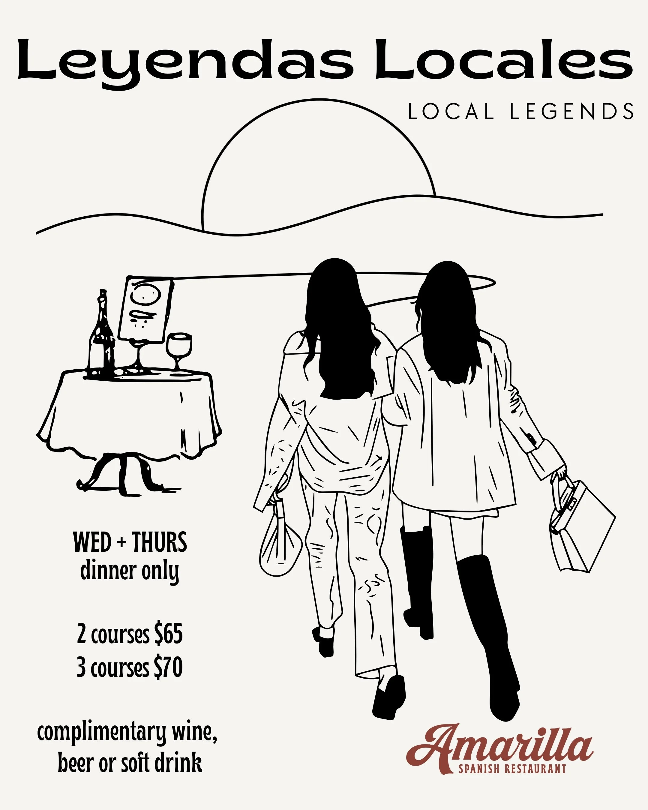 LEYENDAS LOCALES (Local Legends) tonight at Amarilla 🍷
WED &amp; THUR
Dinner only
2 courses $65pp
3 courses $70pp
Complimentary drink 🍷 

Mid-week plans, sorted. Join us from 6pm for our locals dining special at the waterfront - Spanish-inspired ta