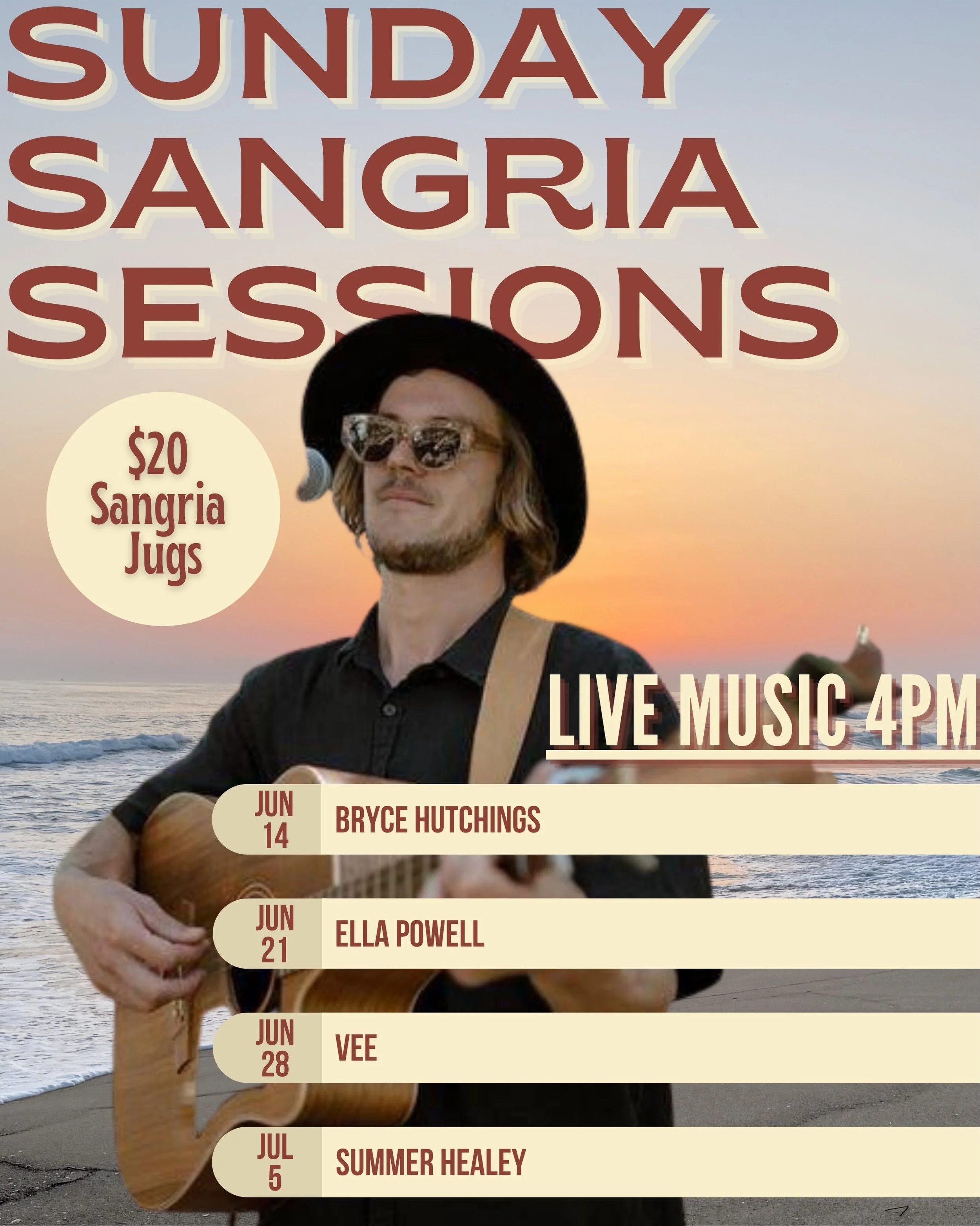 SUNDAY SESSION | This week we&rsquo;re joined again by @hutchmusic_ with Live Music from 4pm 

Sunset and half price Sangria jugs. What a way to send off the weekend. We also have tapas snacks on the menu, and the full beverage list is available. 

B