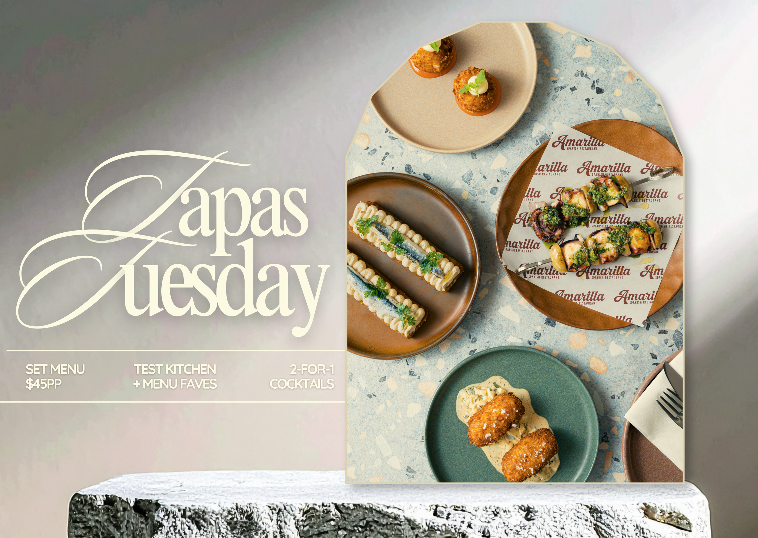 Four tapas dishes plated on table for Tapas Tuesday midweek special at Terrigal restaurant