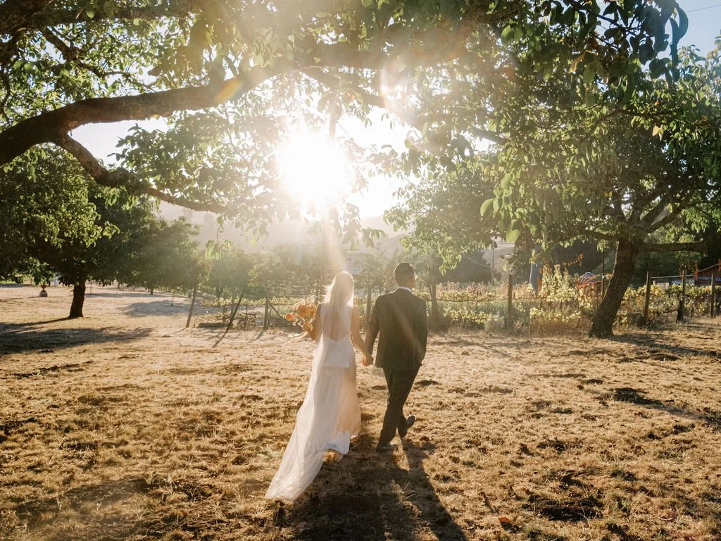 Couple walking hand in hand on grassy field under large trees during sunset at Triple S Ranch Napa.
