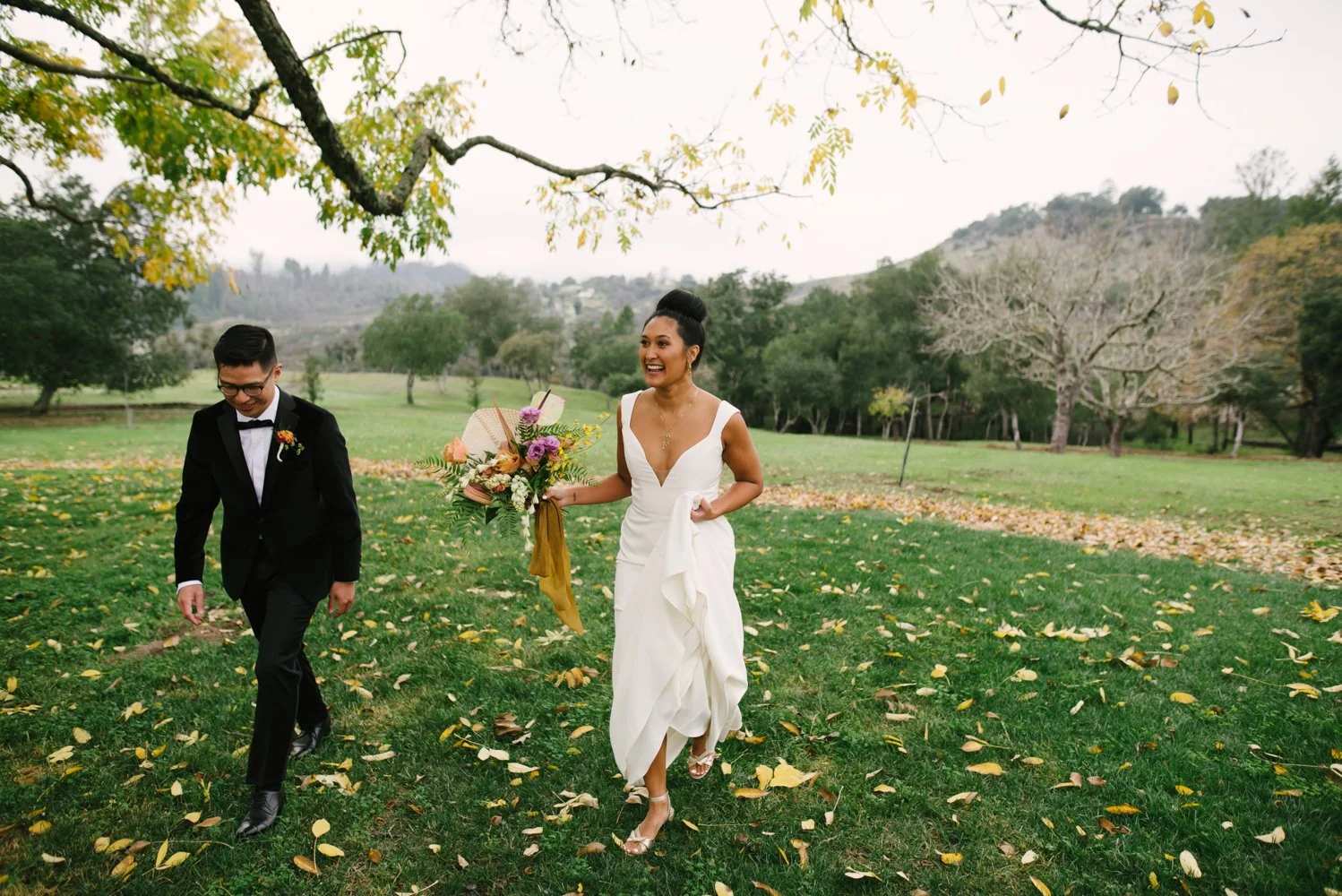 Bride and groom walking together