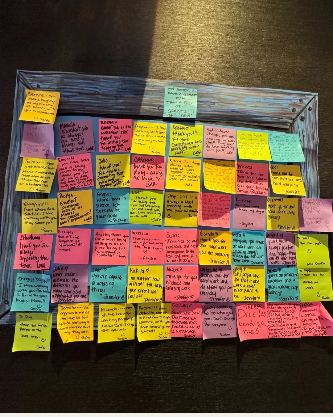 I walked into Starbucks yesterday for my tea and stopped in my tracks. 🛑

Right there, for everyone to see, was a board covered in colorful sticky notes.

Each one was a specific &ldquo;win&rdquo; or a note of appreciation from one team member to an